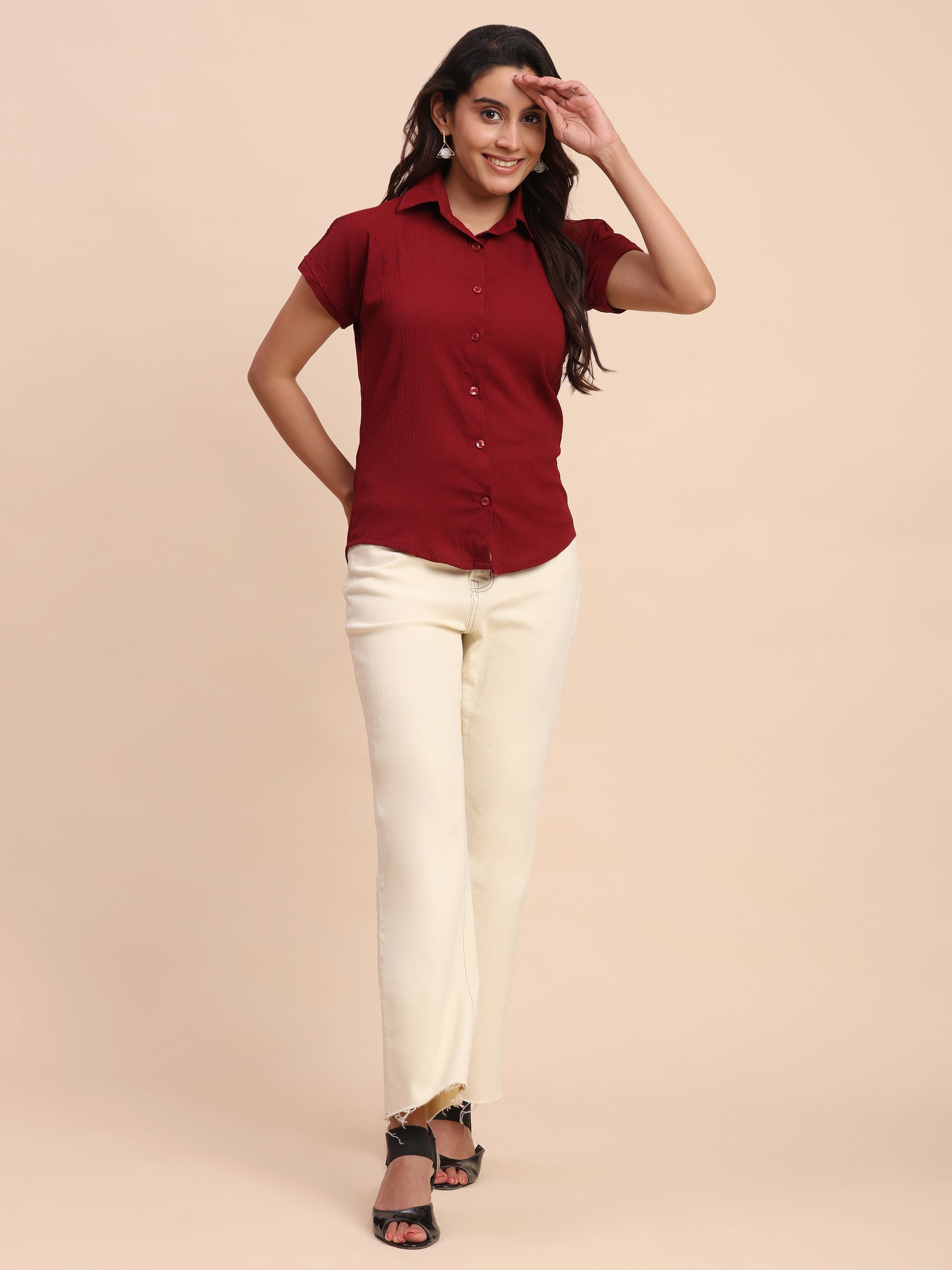 Trendrush Women Solid Maroon Short Sleeve Shirt – Elegant & Chic