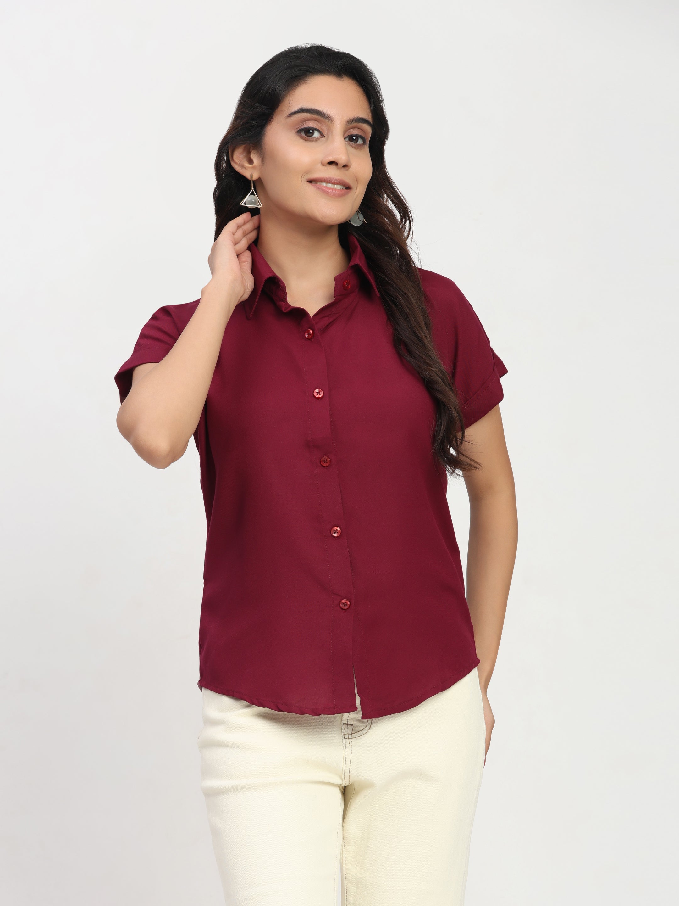 Trendrush Women Solid Maroon Short Sleeve Shirt – Bold & Stylish