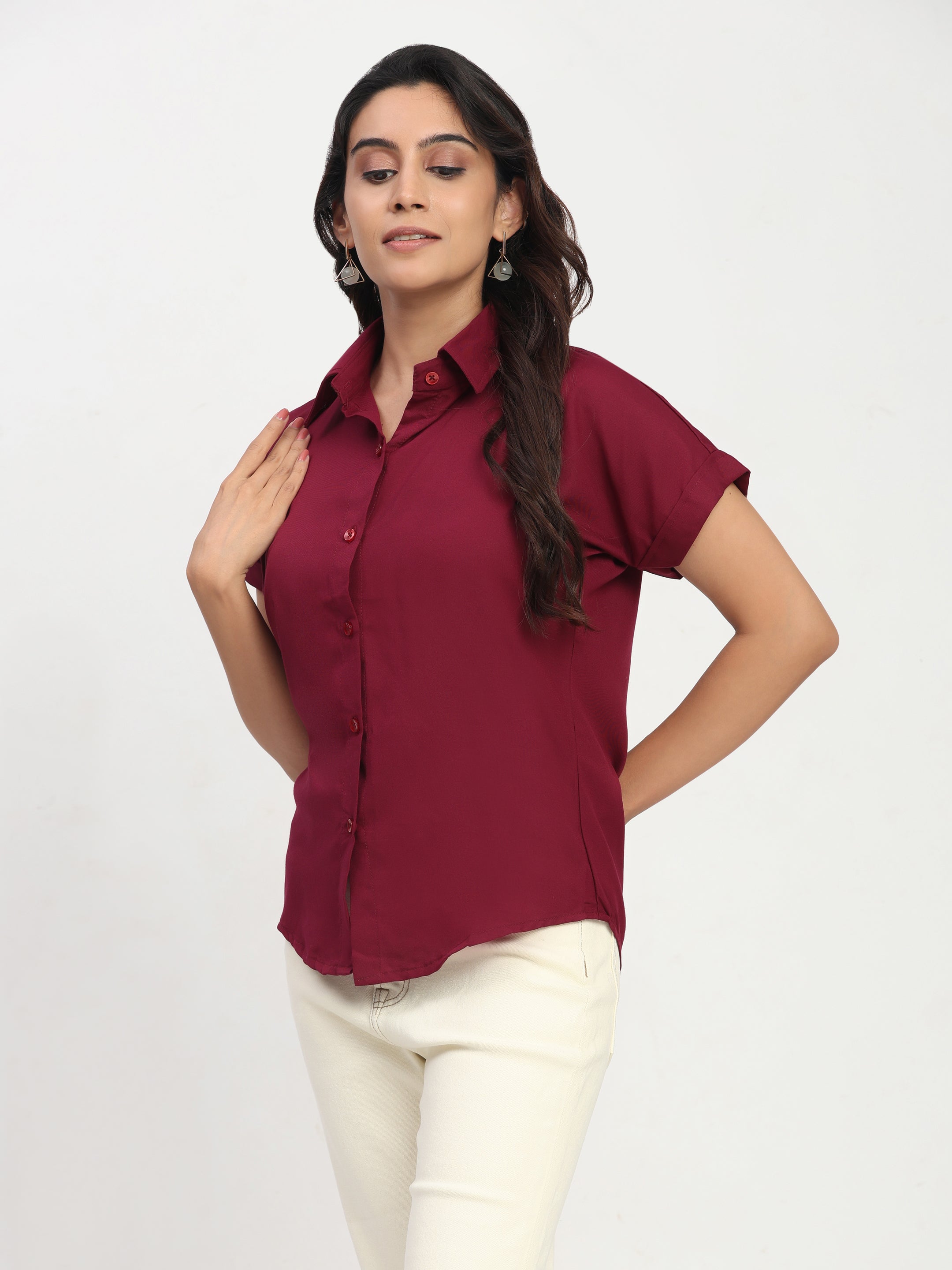 Trendrush Women Solid Maroon Short Sleeve Shirt – Bold & Stylish