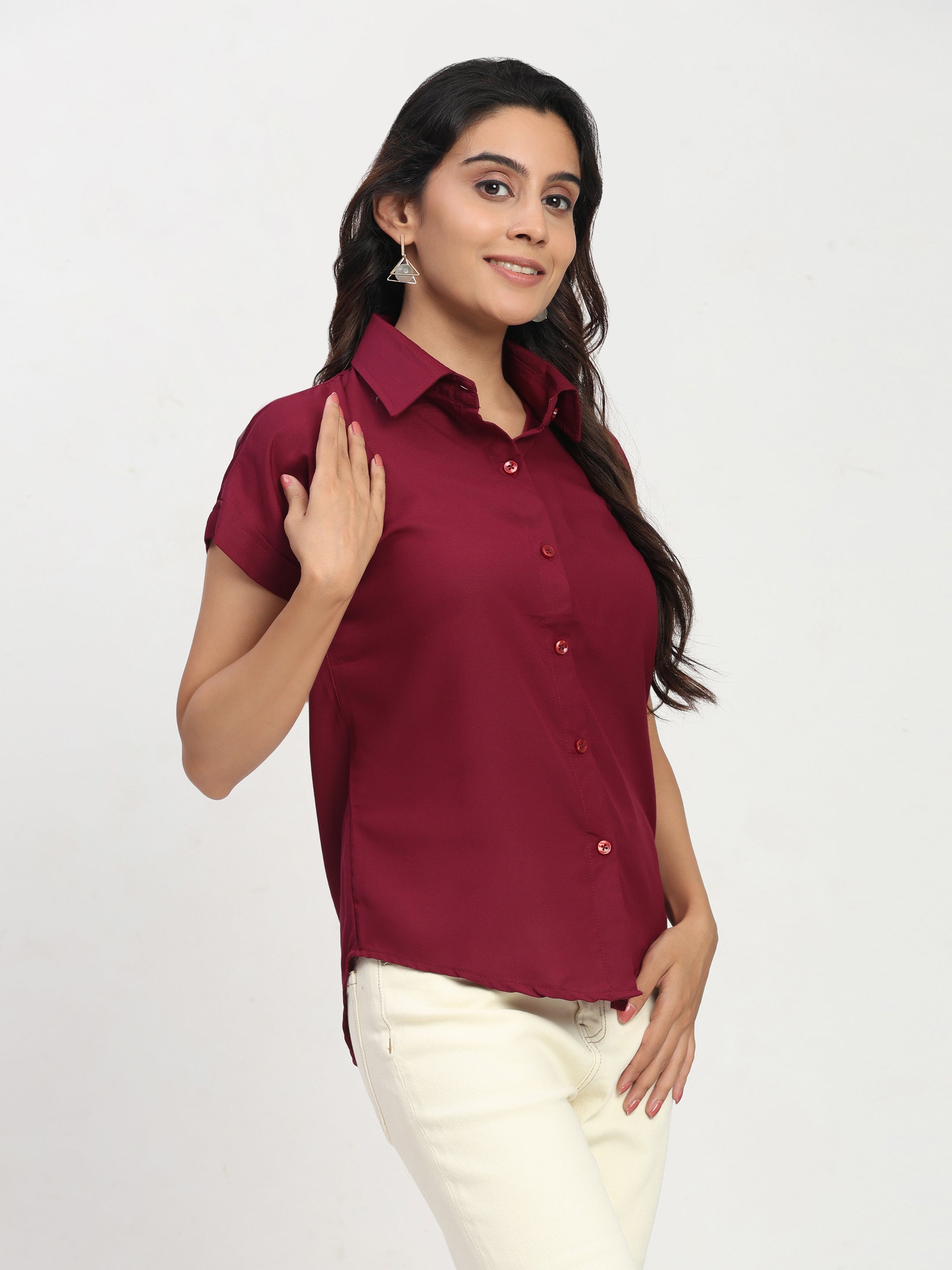 Trendrush Women Solid Maroon Short Sleeve Shirt – Bold & Stylish