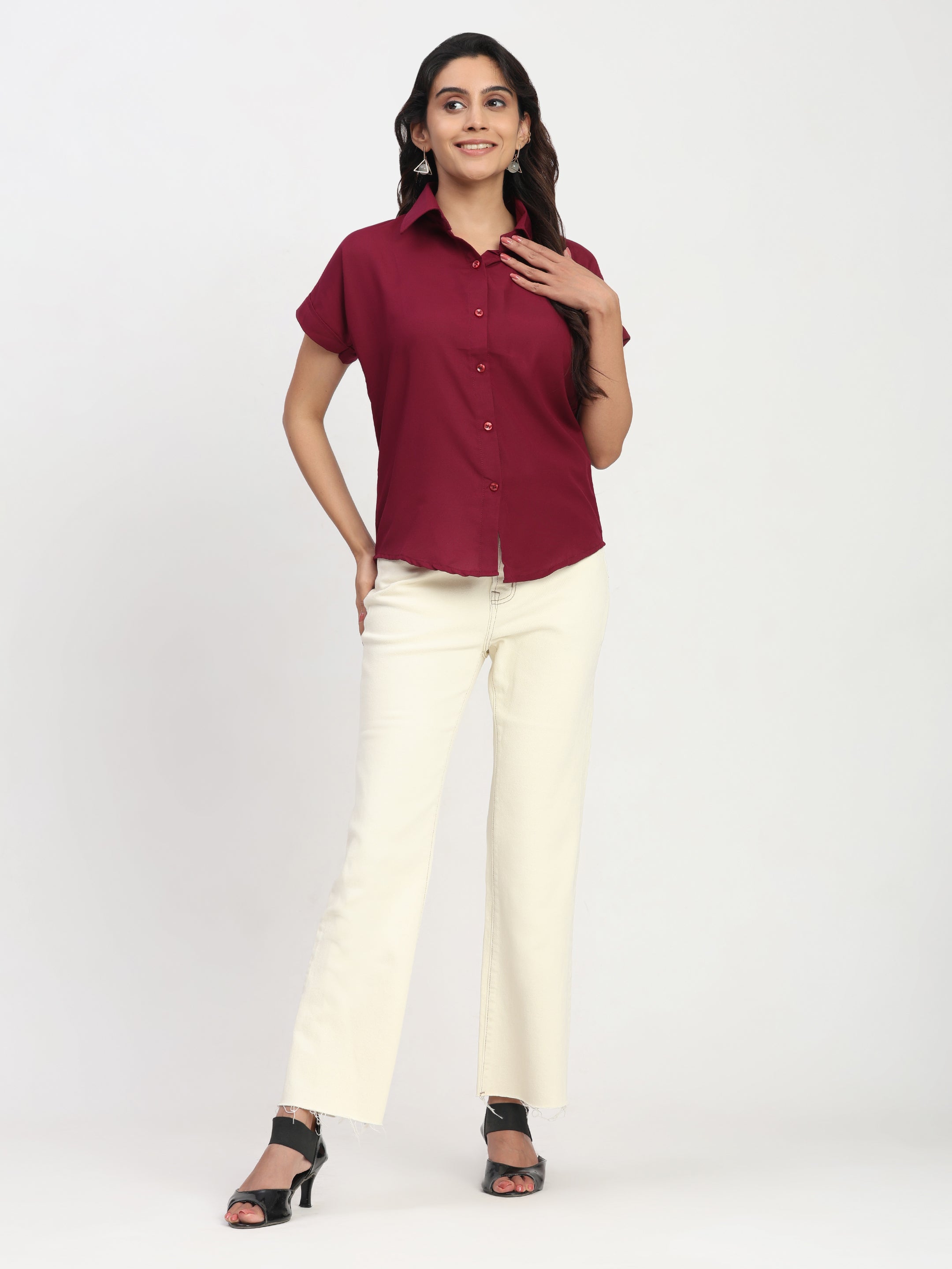 Trendrush Women Solid Maroon Short Sleeve Shirt – Bold & Stylish