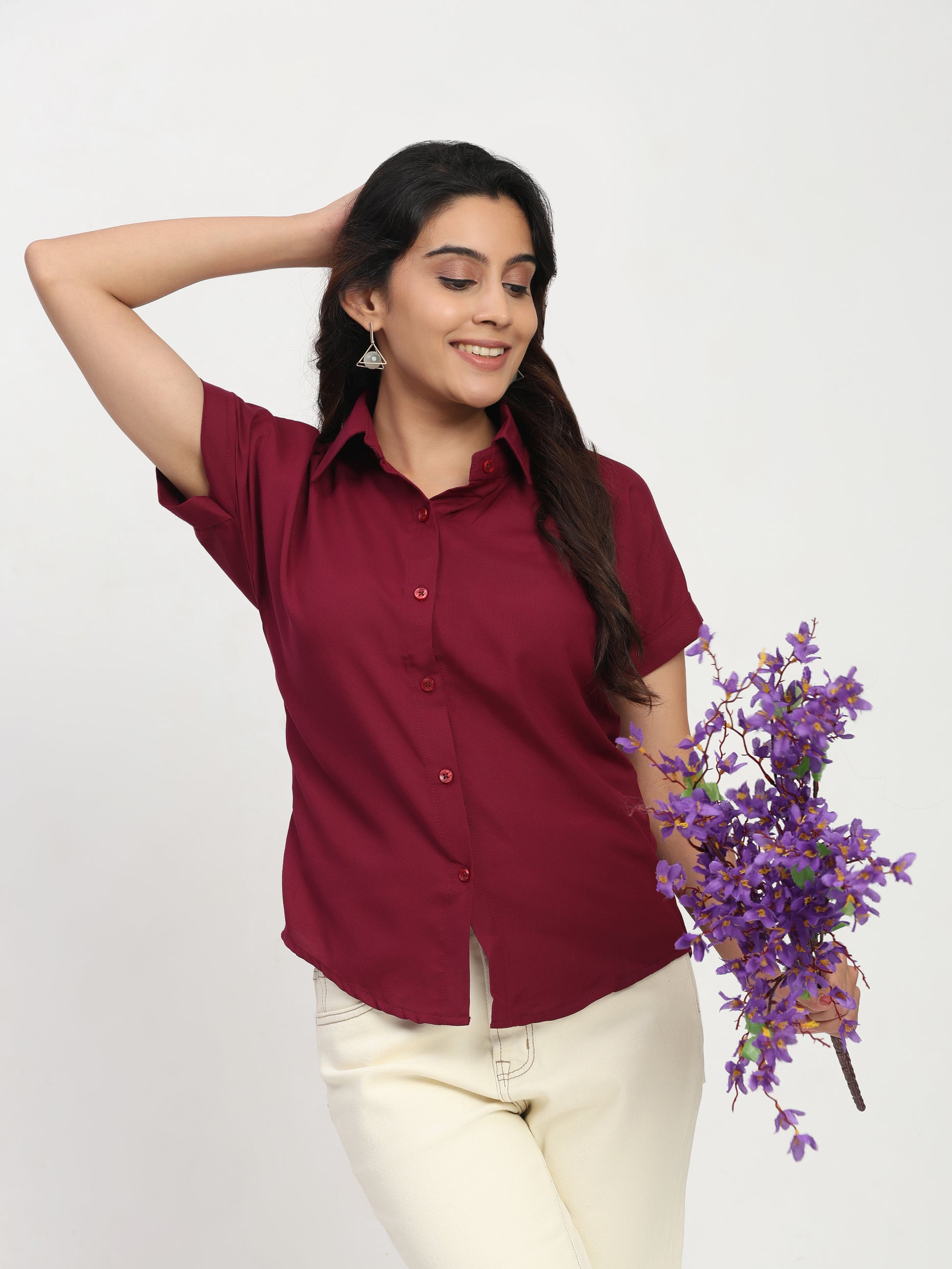 Trendrush Women Solid Maroon Short Sleeve Shirt – Bold & Stylish