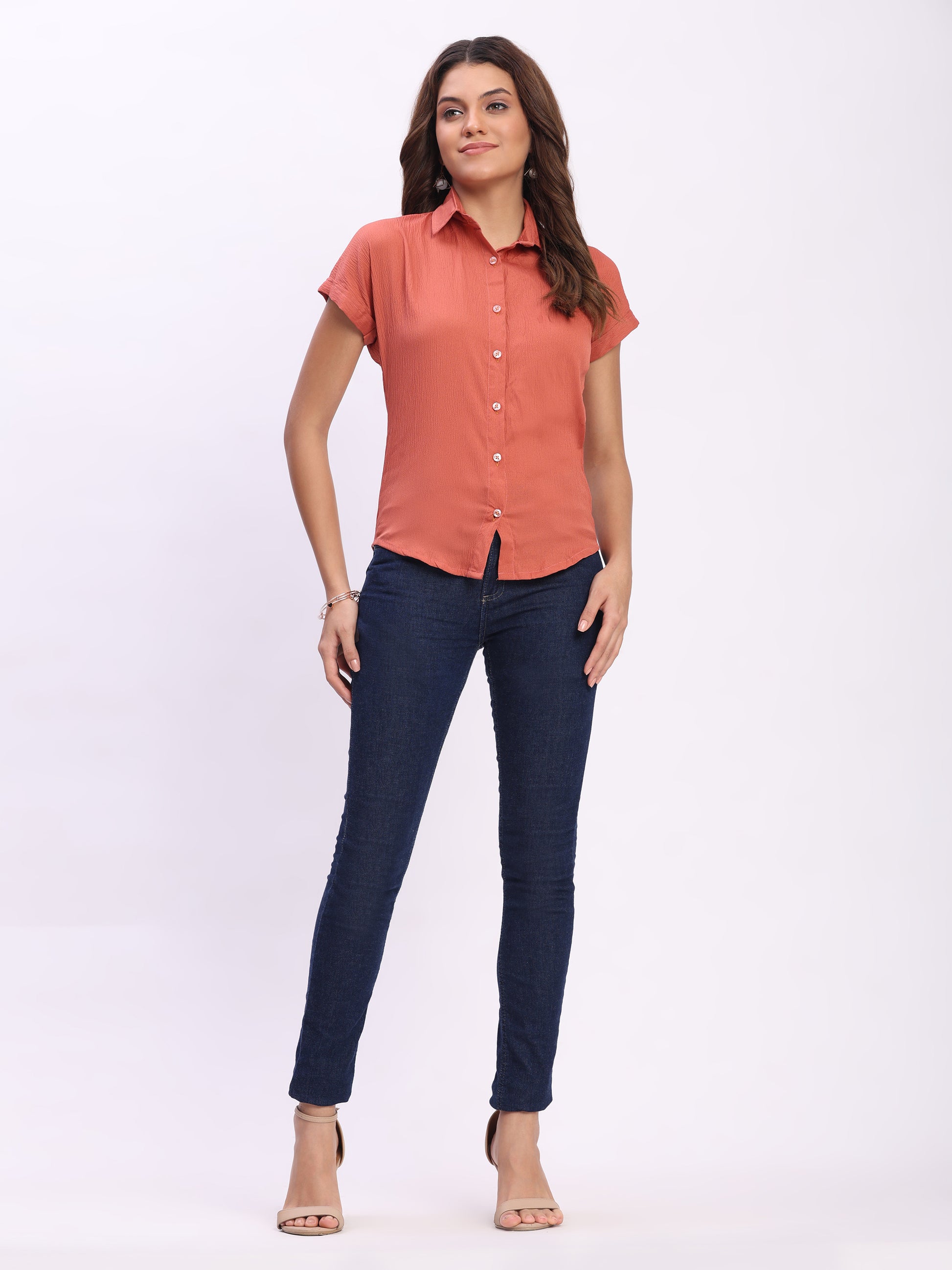 Trendrush Women Solid Orange Short Sleeve Shirt – Bright & Trendy
