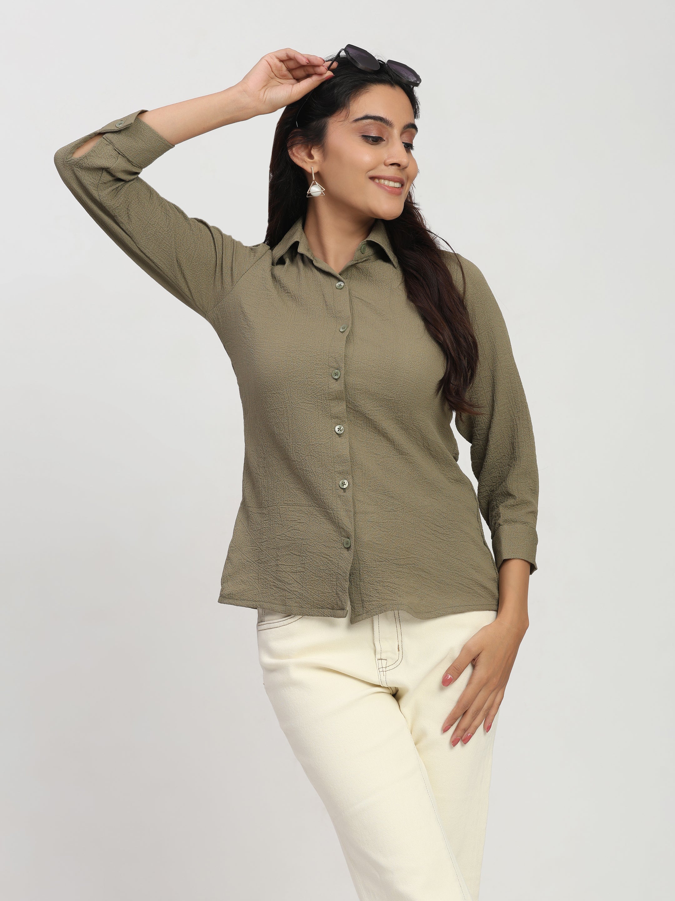Trendrush Women Solid Khakhee Green Shirt with 3/4th Cuffed Sleeves