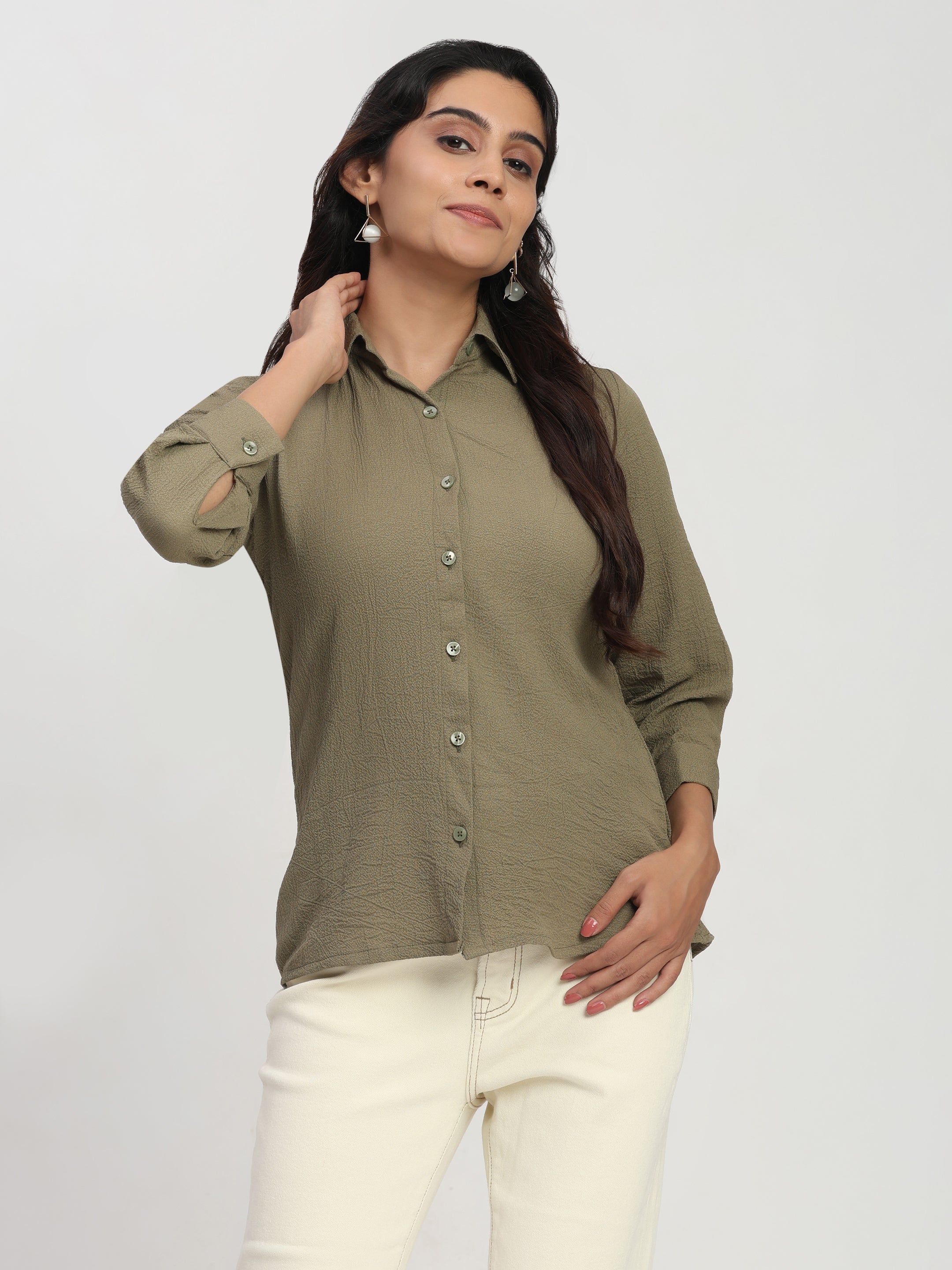 Trendrush Women Solid Khakhee Green Shirt with 3/4th Cuffed Sleeves