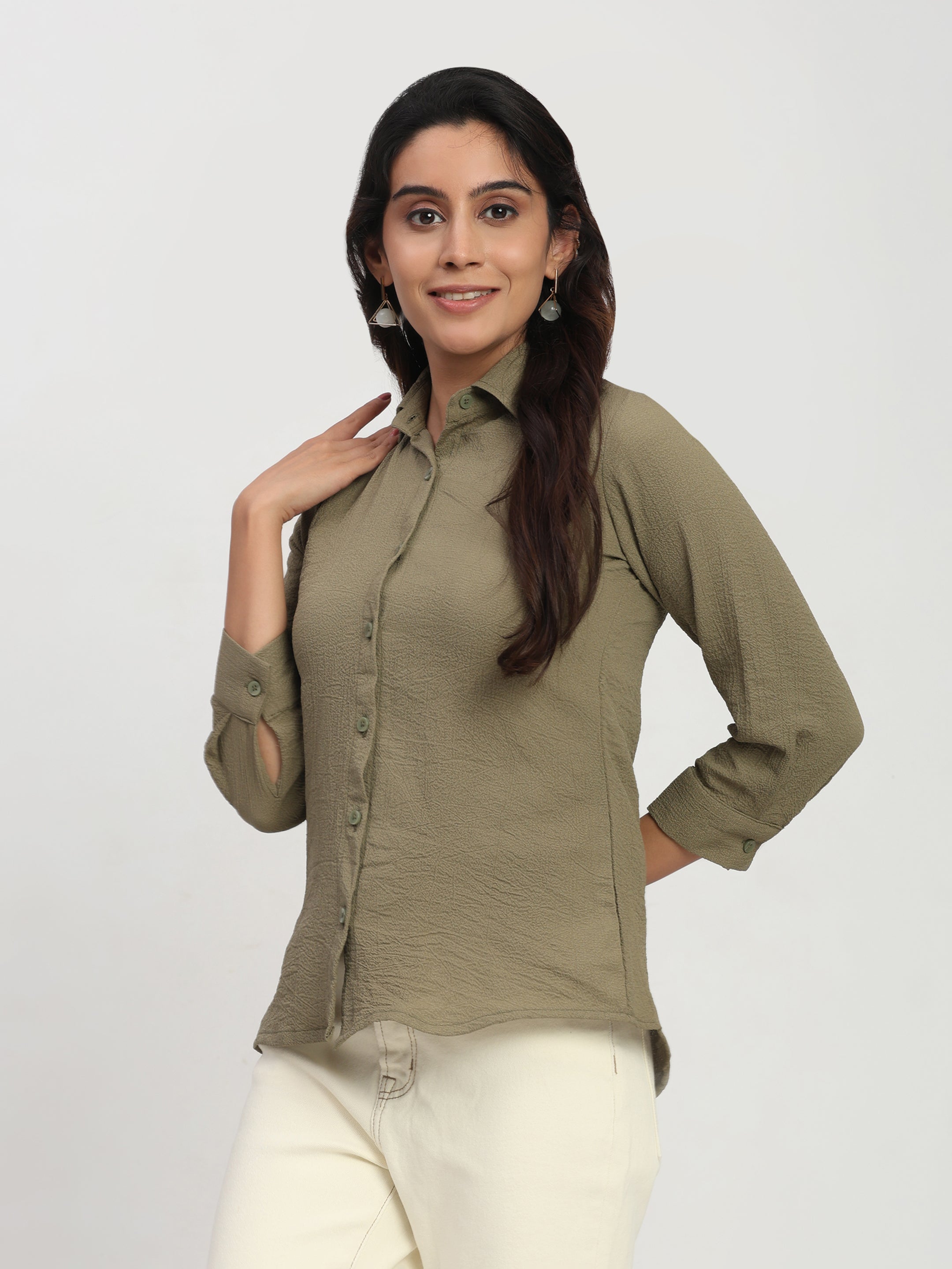 Trendrush Women Solid Khakhee Green Shirt with 3/4th Cuffed Sleeves