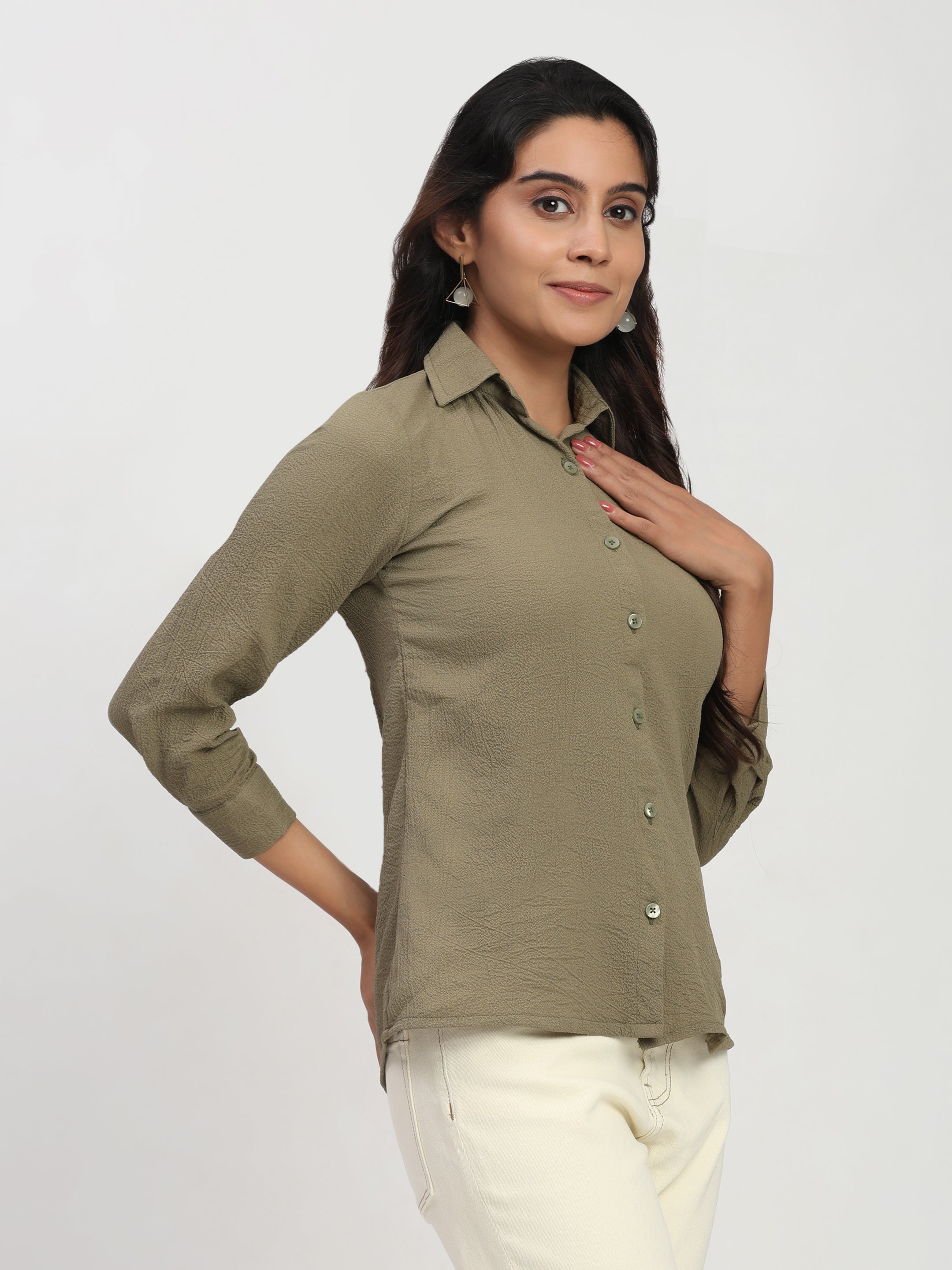 Trendrush Women Solid Khakhee Green Shirt with 3/4th Cuffed Sleeves