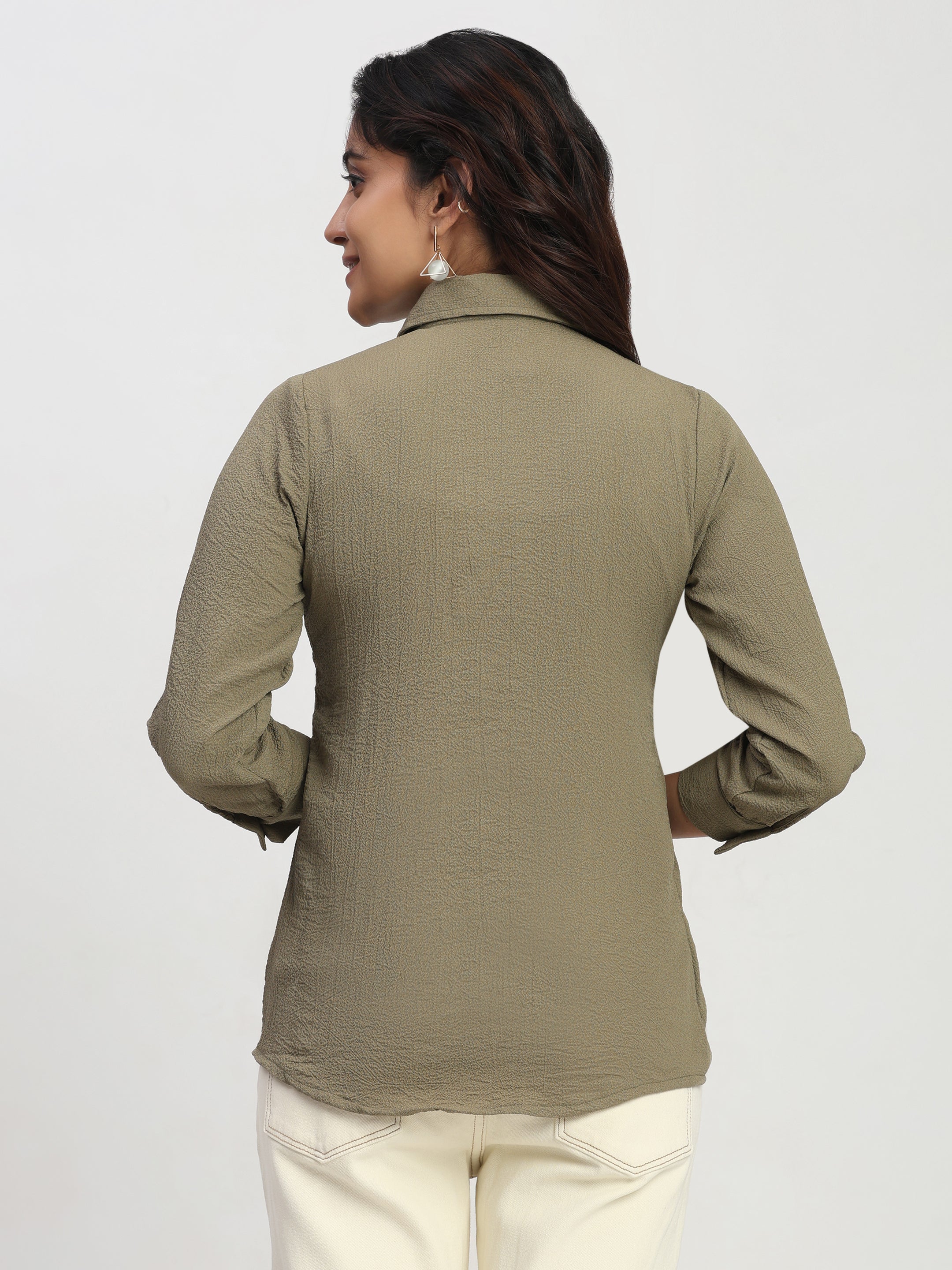 Trendrush Women Solid Khakhee Green Shirt with 3/4th Cuffed Sleeves