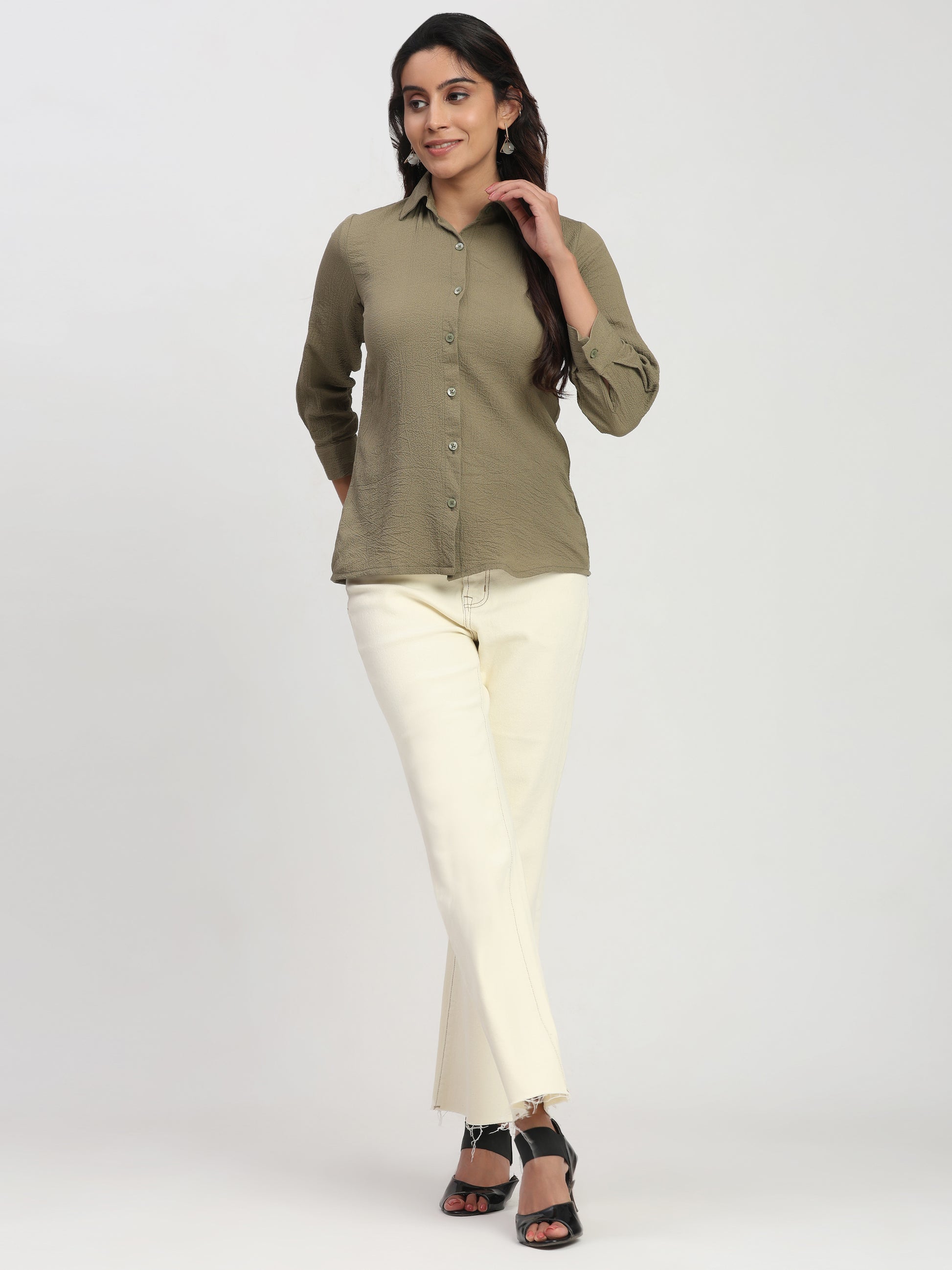 Trendrush Women Solid Khakhee Green Shirt with 3/4th Cuffed Sleeves