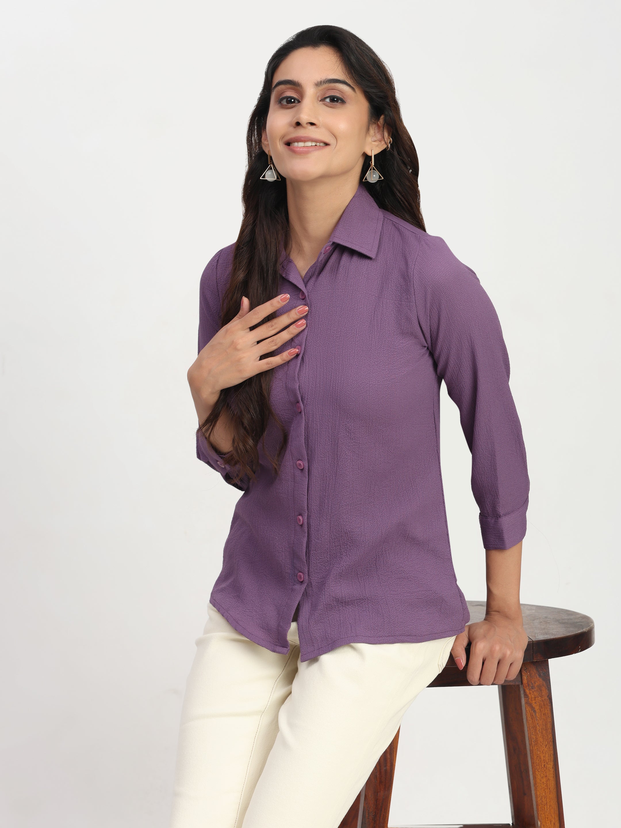 Trendrush Women Solid Purple Shirt with 3/4th Cuffed Sleeves