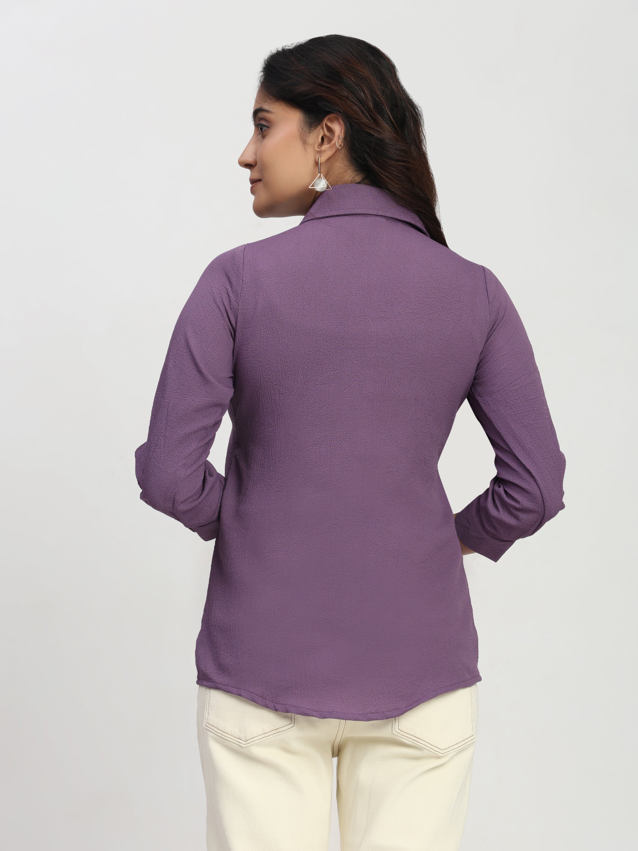 Trendrush Women Solid Purple Shirt with 3/4th Cuffed Sleeves