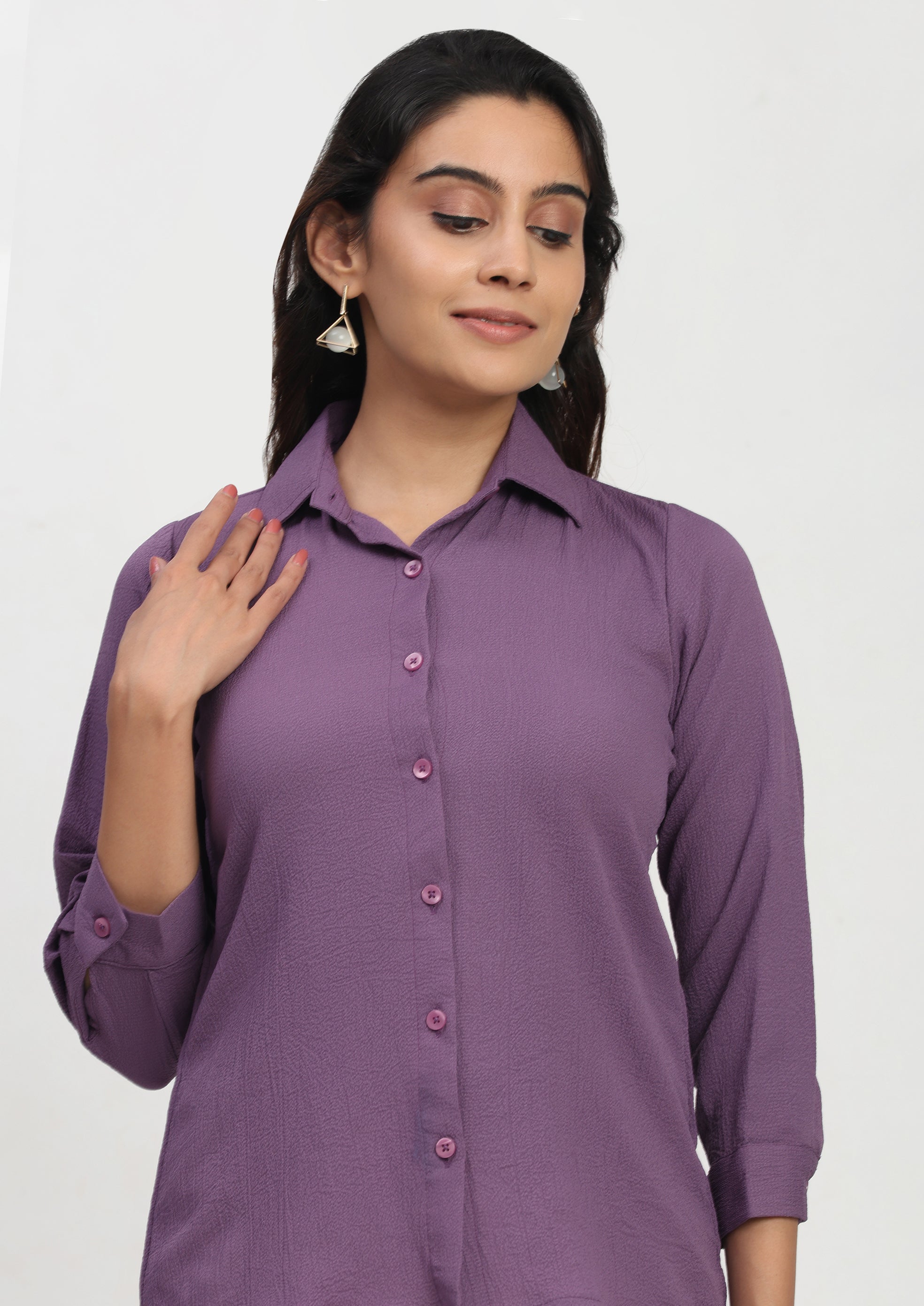 Trendrush Women Solid Purple Shirt with 3/4th Cuffed Sleeves