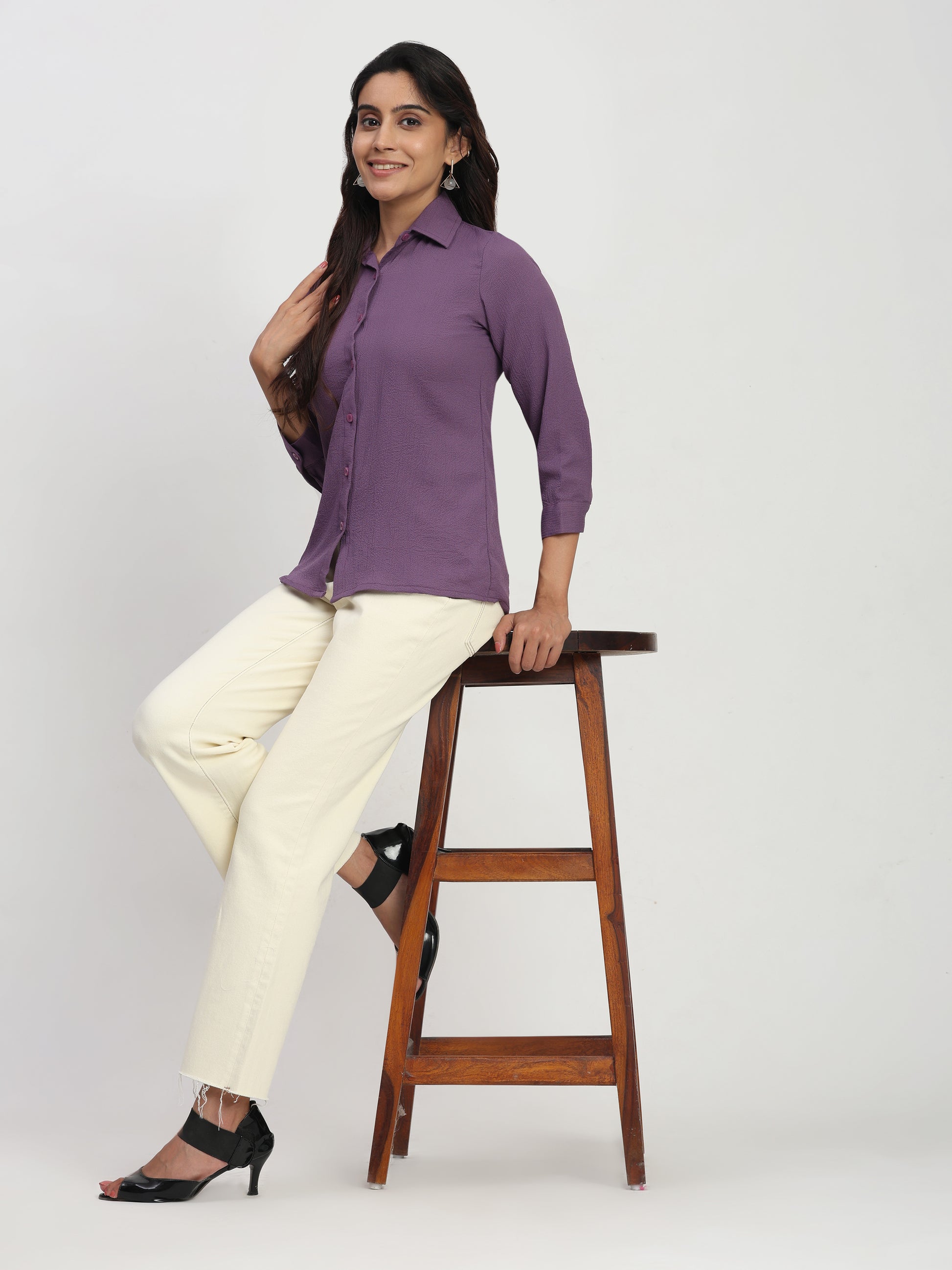 Trendrush Women Solid Purple Shirt with 3/4th Cuffed Sleeves