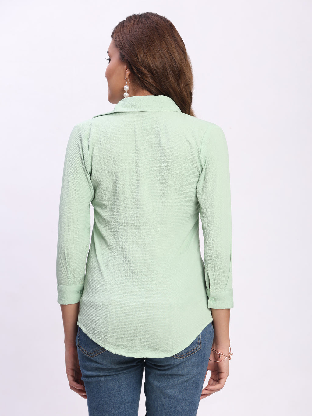 Trendrush Women Solid Light Green Shirt with 3/4th Cuffed Sleeves