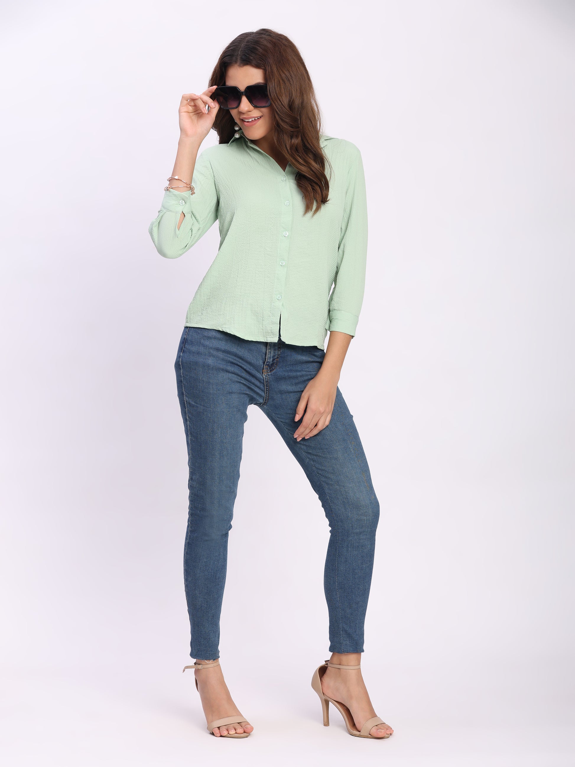 Trendrush Women Solid Light Green Shirt with 3/4th Cuffed Sleeves