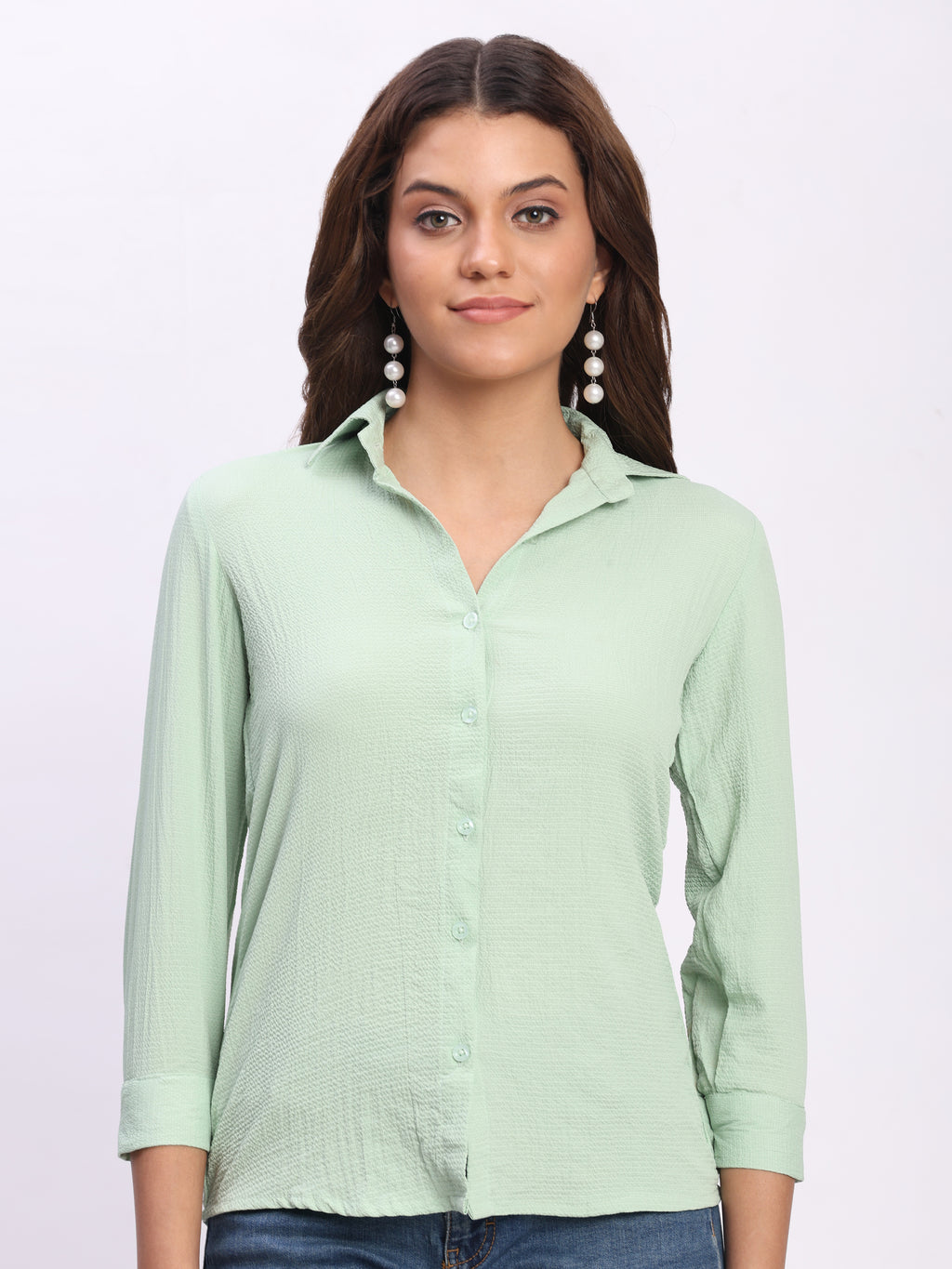 Trendrush Women Solid Light Green Shirt with 3/4th Cuffed Sleeves