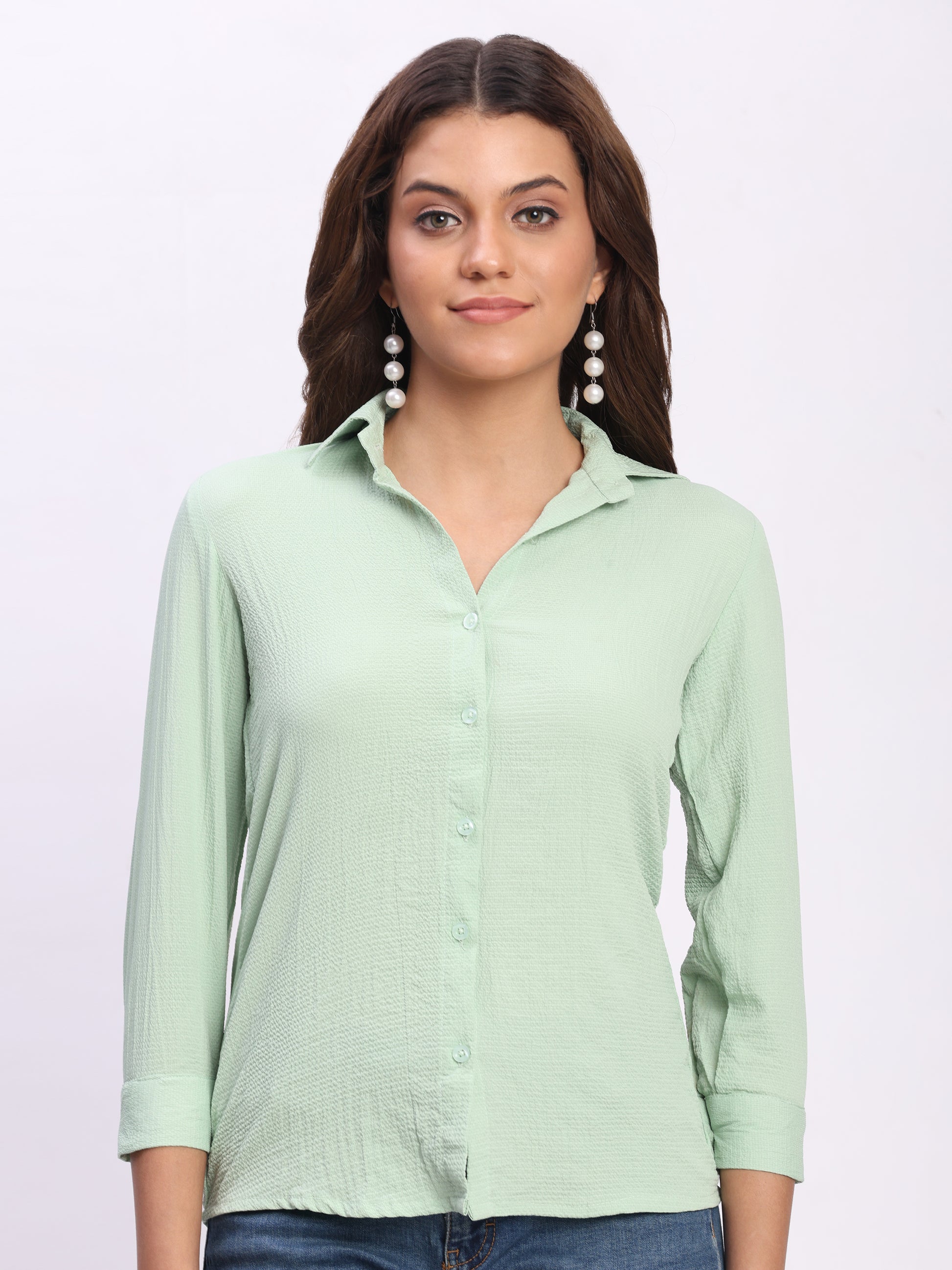 Trendrush Women Solid Light Green Shirt with 3/4th Cuffed Sleeves