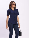 Trendrush Women Solid Blue Mandarin Collar Short Sleeve Shirt