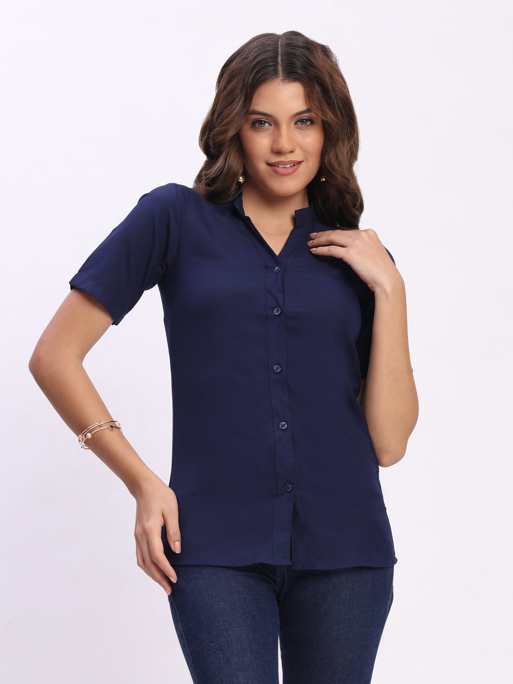 Trendrush Women Solid Blue Mandarin Collar Short Sleeve Shirt