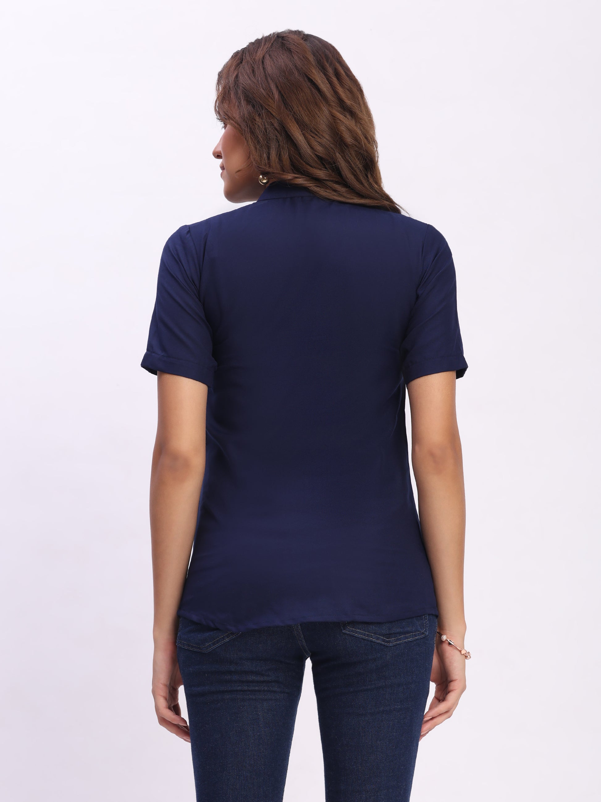 Trendrush Women Solid Blue Mandarin Collar Short Sleeve Shirt