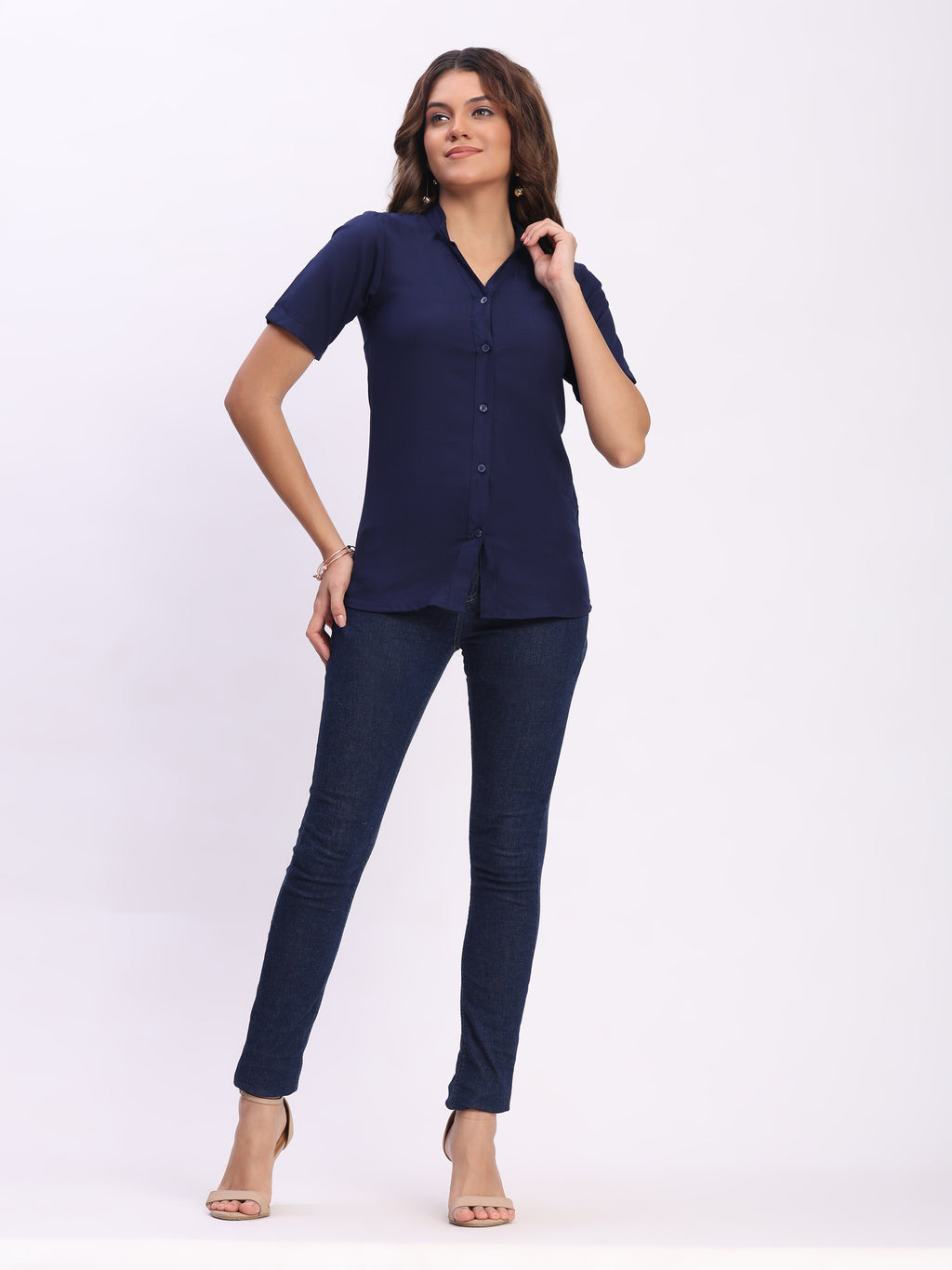 Trendrush Women Solid Blue Mandarin Collar Short Sleeve Shirt