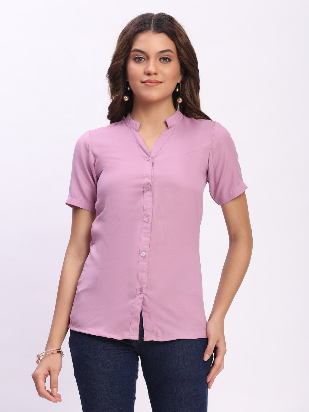Trendrush Women Solid Pink Mandarin Collar Short Sleeve Shirt