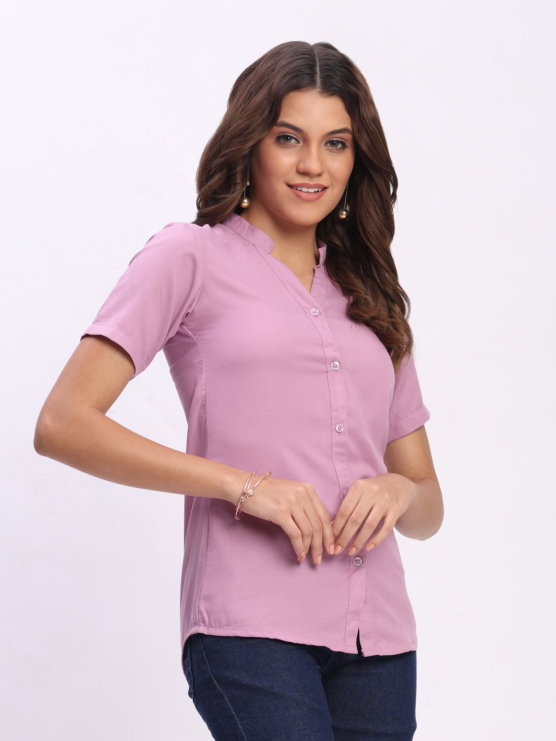 Trendrush Women Solid Pink Mandarin Collar Short Sleeve Shirt