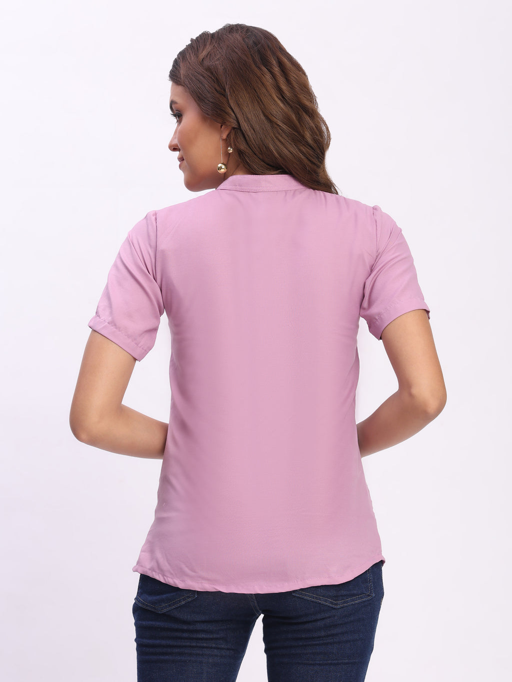 Trendrush Women Solid Pink Mandarin Collar Short Sleeve Shirt