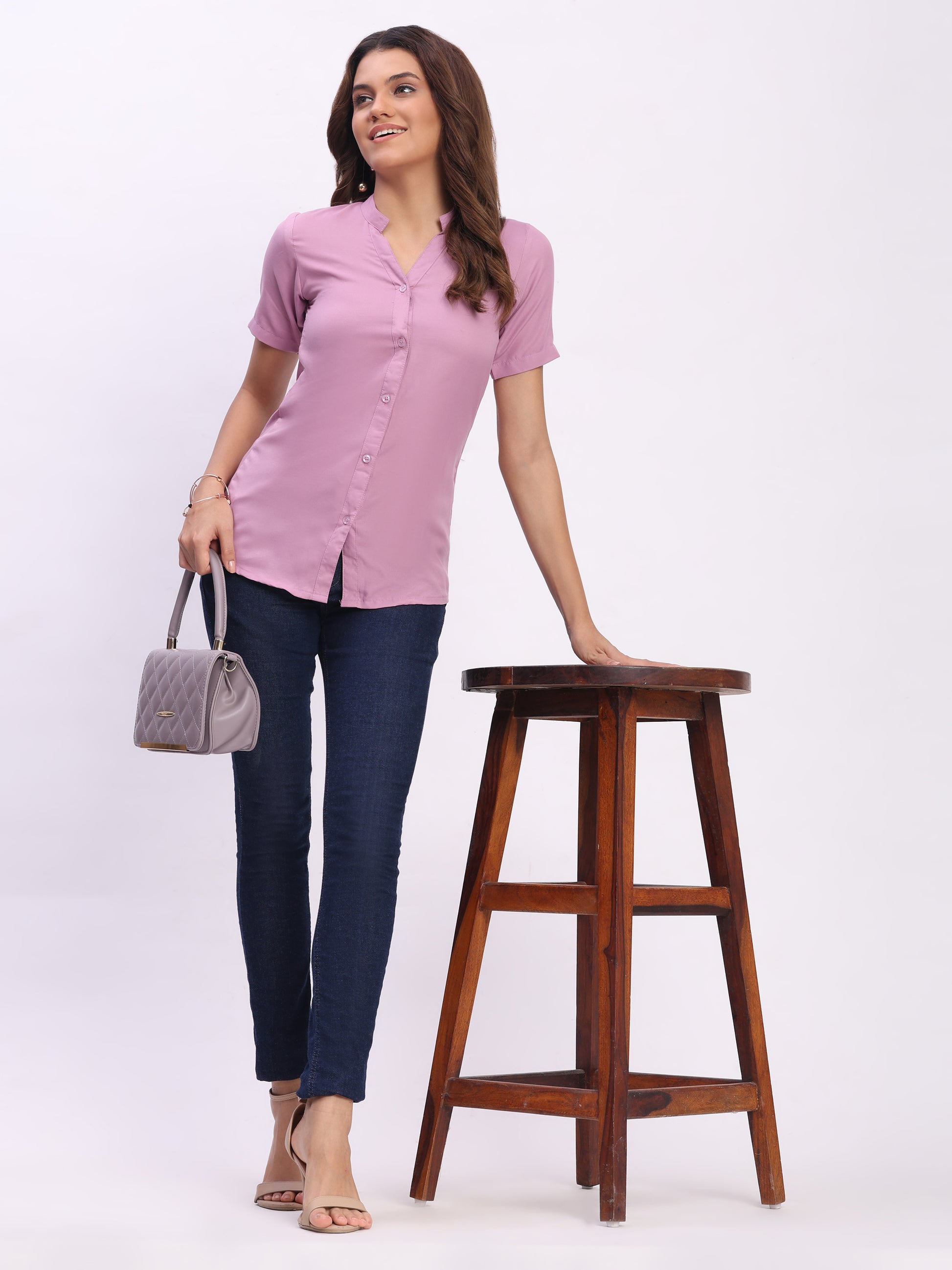 Trendrush Women Solid Pink Mandarin Collar Short Sleeve Shirt