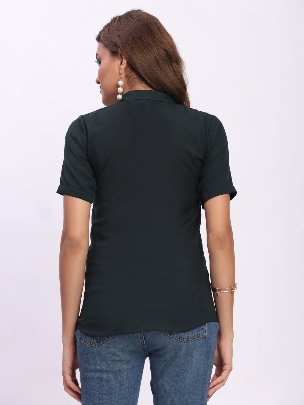 Trendrush Women Solid Dark Green Mandarin Collar Short Sleeve Shirt