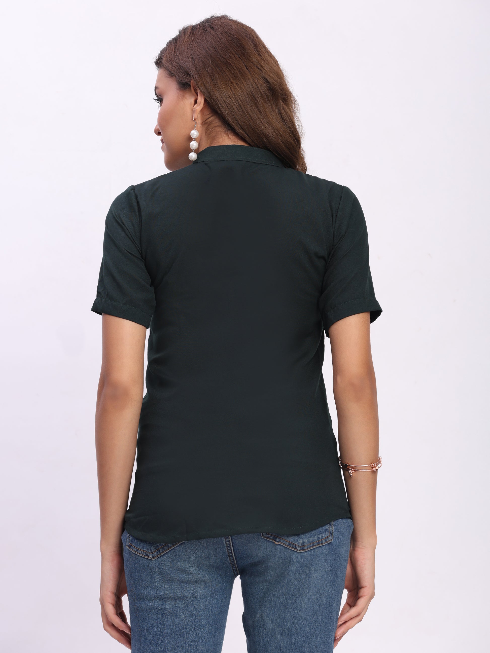 Trendrush Women Solid Dark Green Mandarin Collar Short Sleeve Shirt