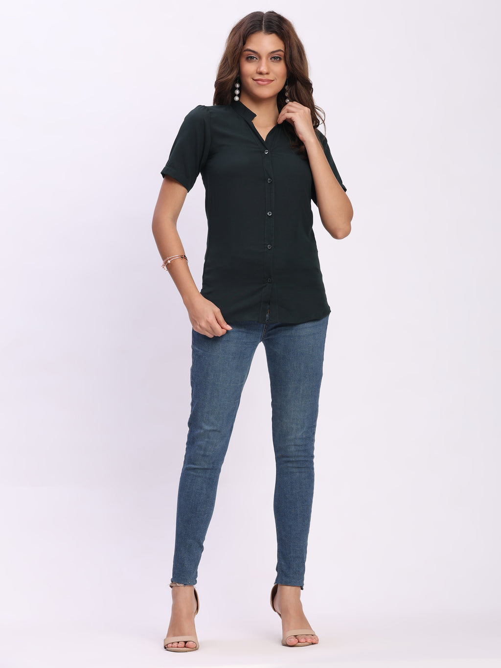 Trendrush Women Solid Dark Green Mandarin Collar Short Sleeve Shirt
