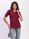Trendrush Women Solid Maroon Mandarin Collar Short Sleeve Shirt