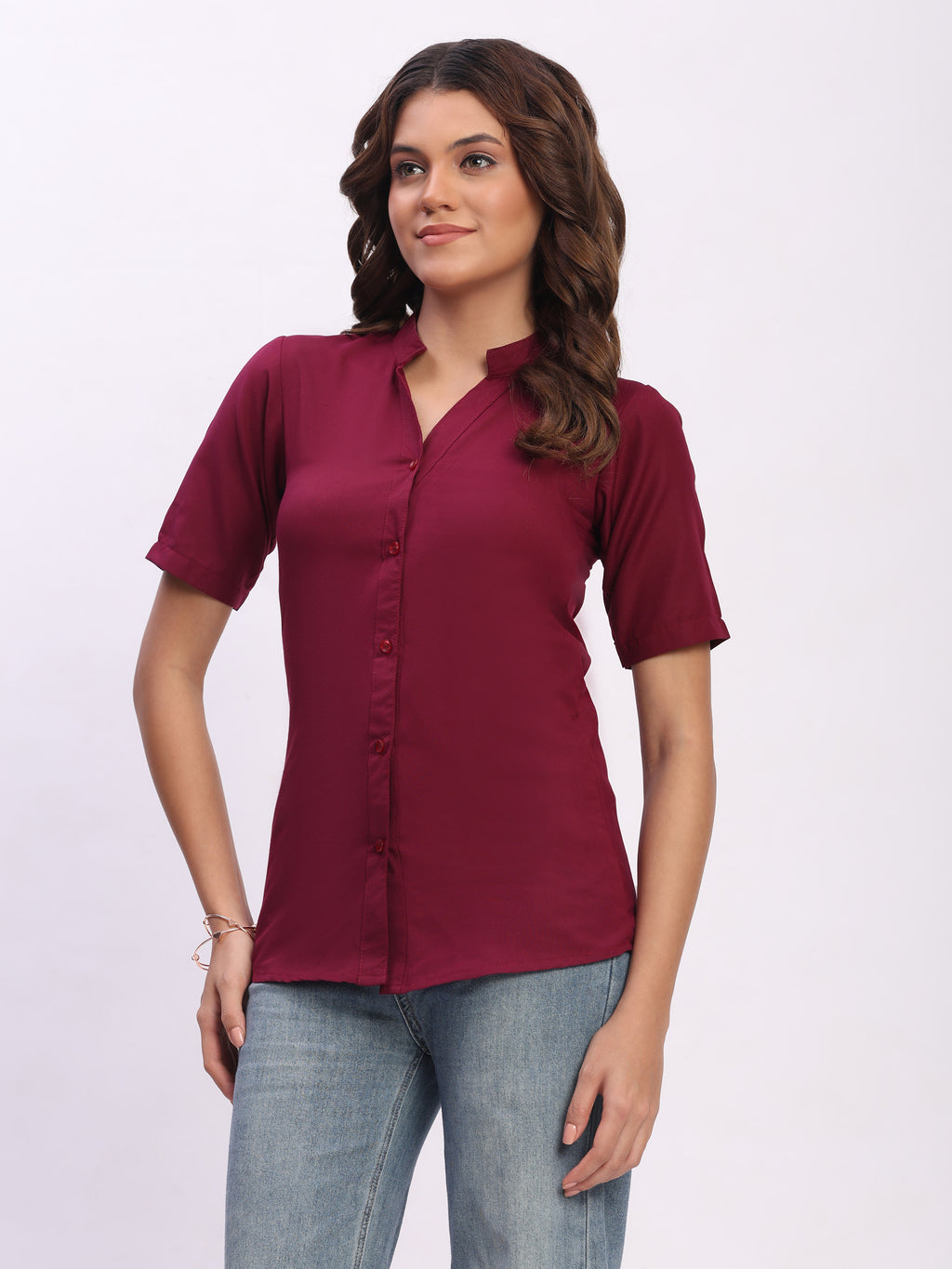 Trendrush Women Solid Maroon Mandarin Collar Short Sleeve Shirt