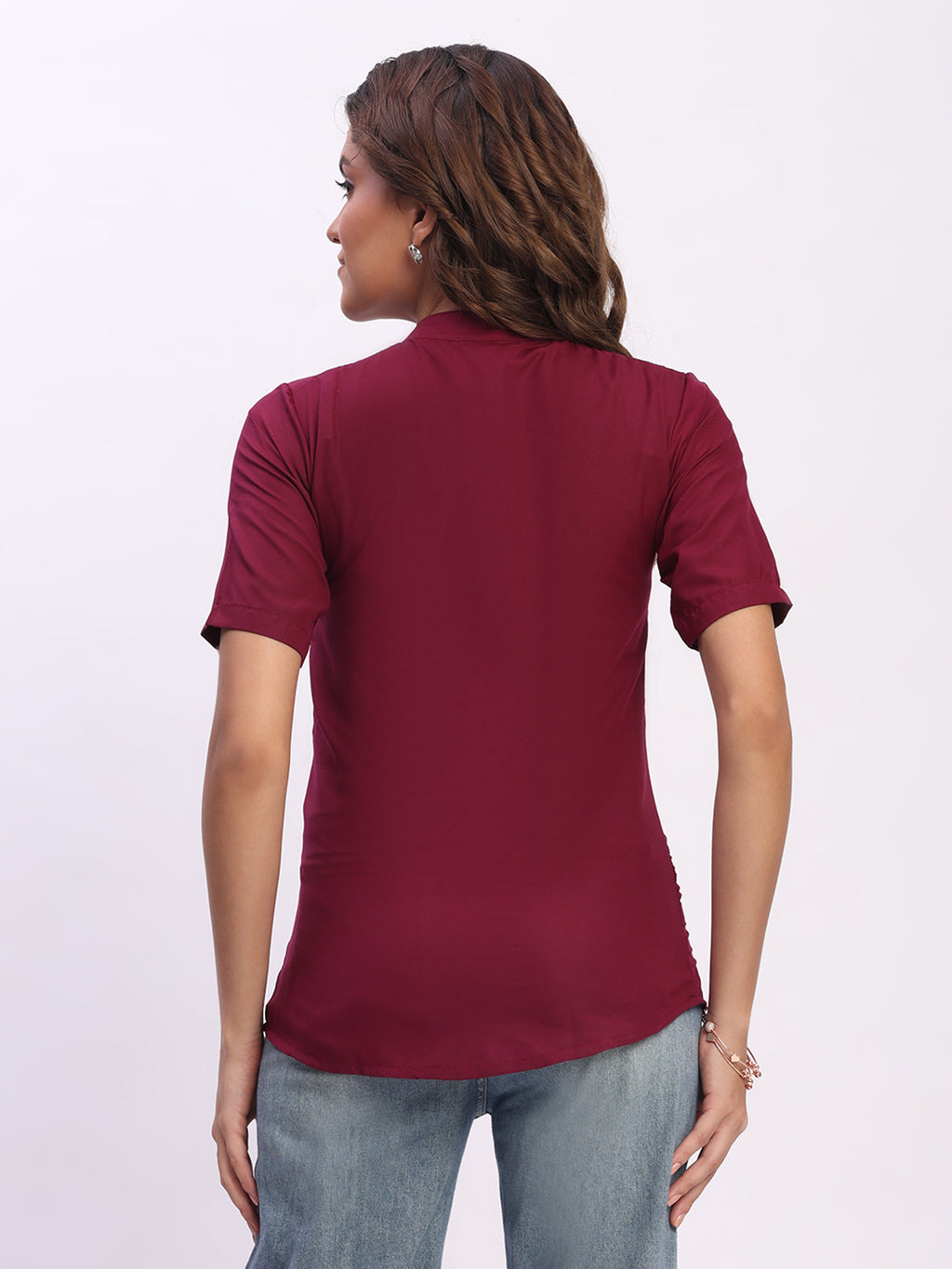 Trendrush Women Solid Maroon Mandarin Collar Short Sleeve Shirt
