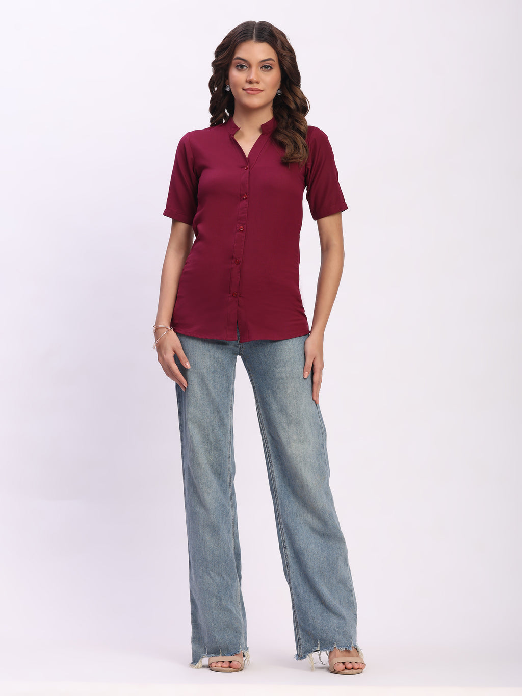 Trendrush Women Solid Maroon Mandarin Collar Short Sleeve Shirt