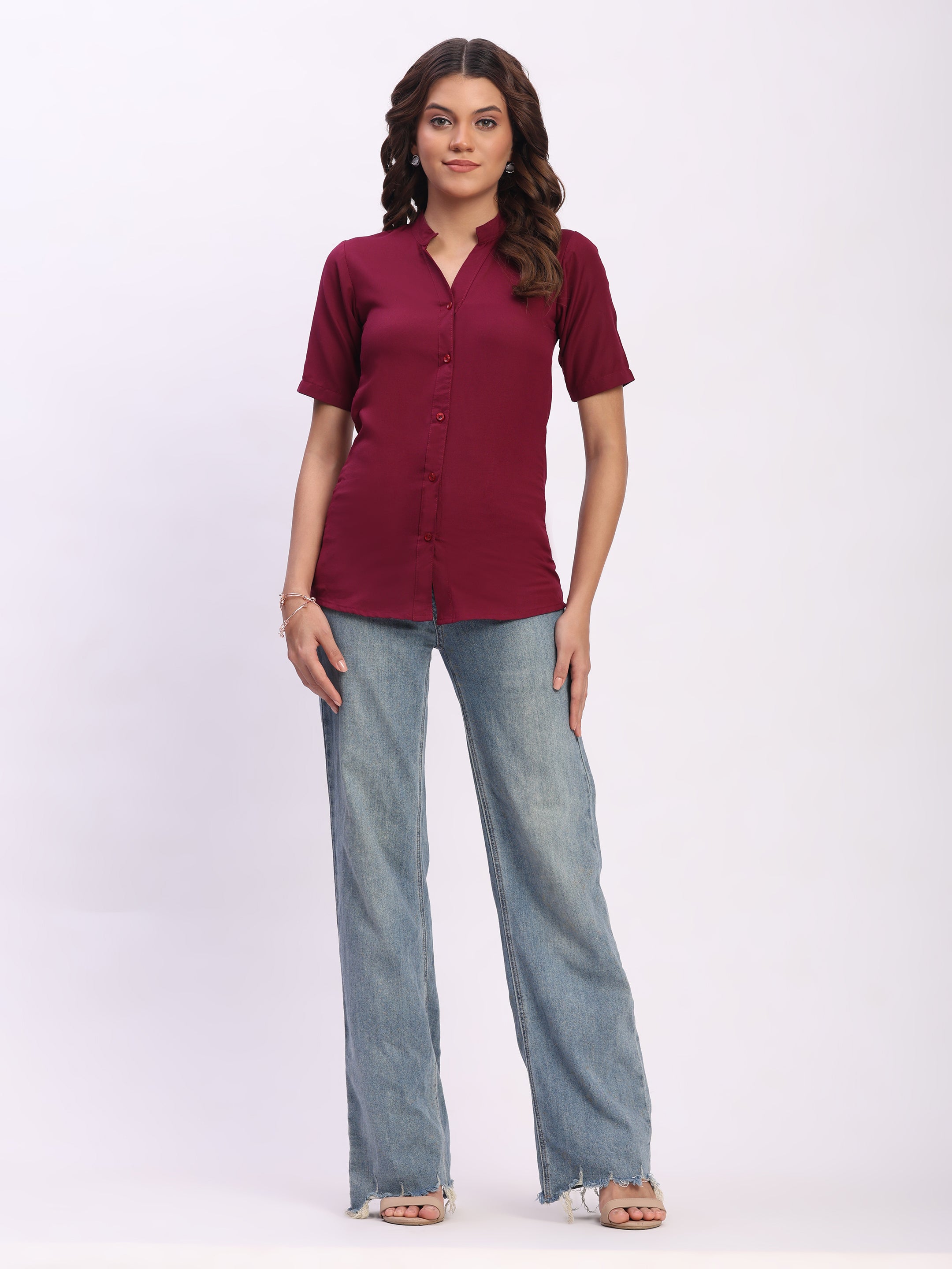 Trendrush Women Solid Maroon Mandarin Collar Short Sleeve Shirt