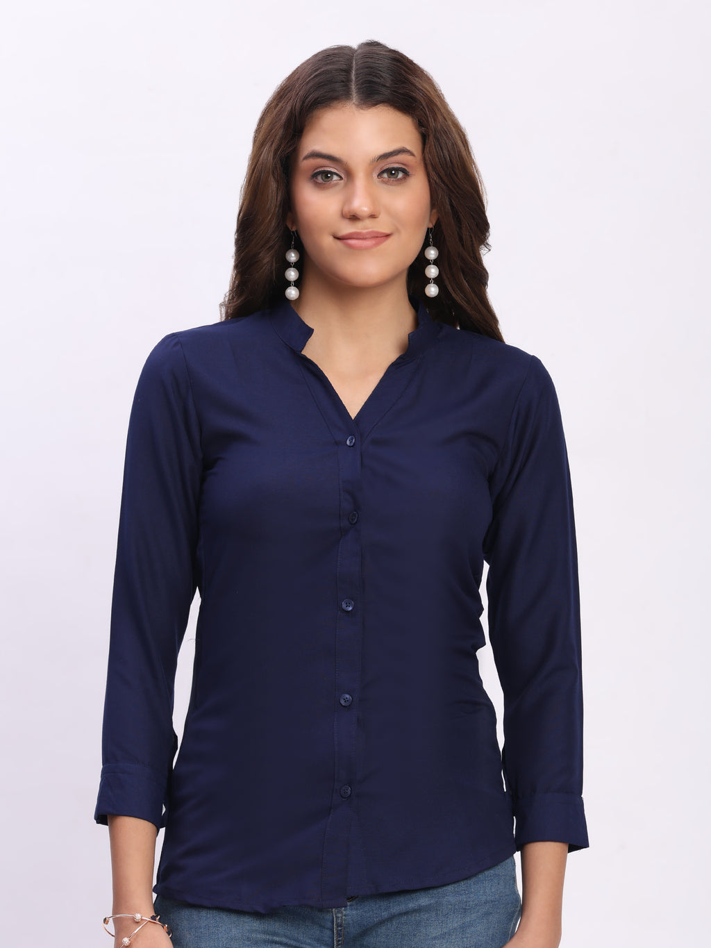 Trendrush Women Solid Blue Mandarin Collar Shirt with 3/4th Cuffed Sleeves
