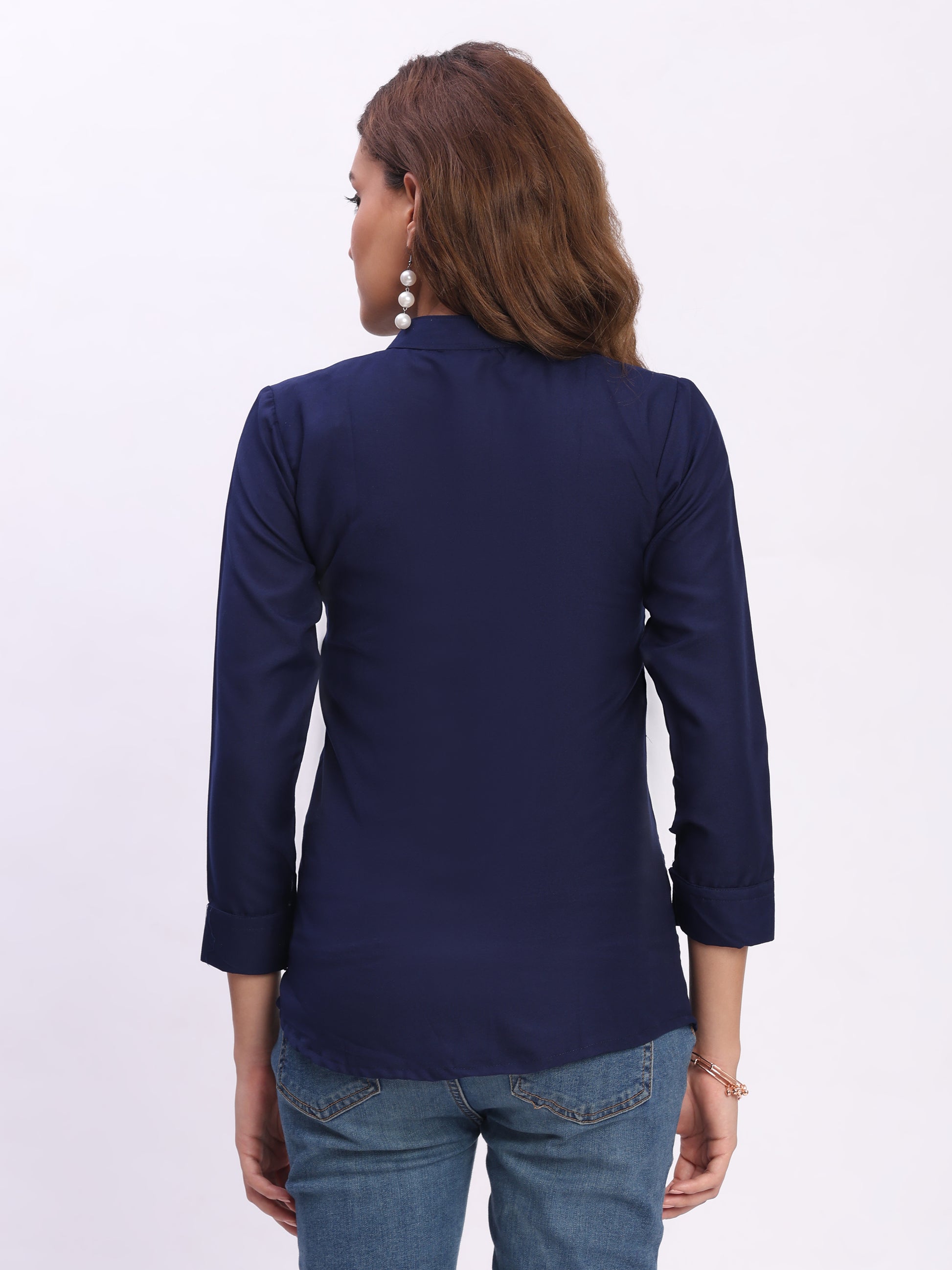 Trendrush Women Solid Blue Mandarin Collar Shirt with 3/4th Cuffed Sleeves