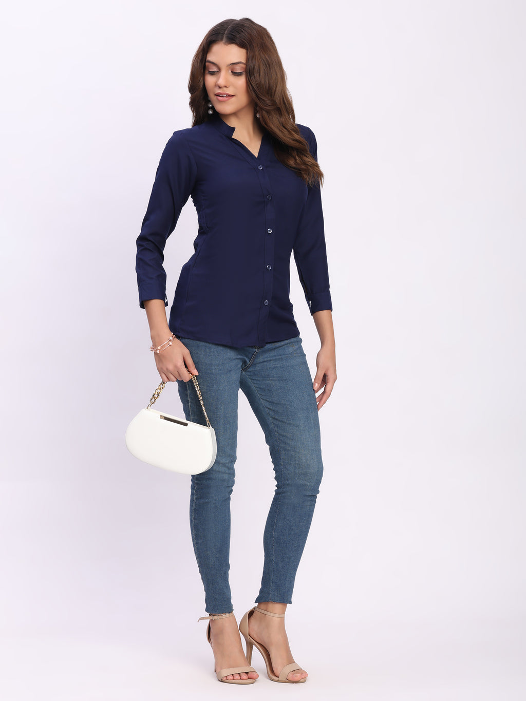 Trendrush Women Solid Blue Mandarin Collar Shirt with 3/4th Cuffed Sleeves