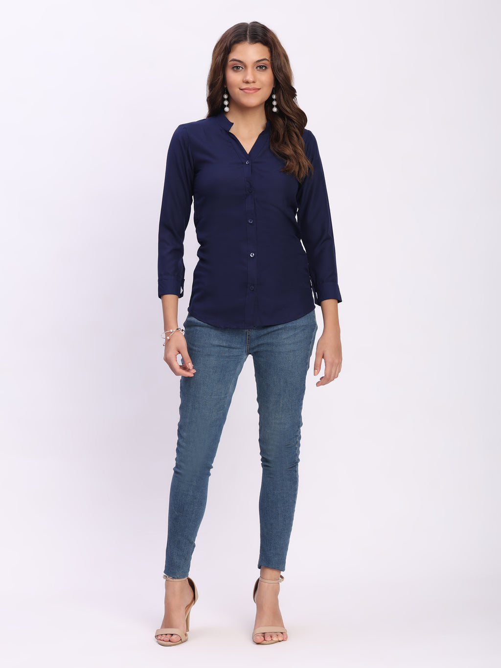 Trendrush Women Solid Blue Mandarin Collar Shirt with 3/4th Cuffed Sleeves