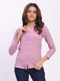 Trendrush Women Solid Pink Mandarin Collar Shirt with 3/4th Cuffed Sleeves