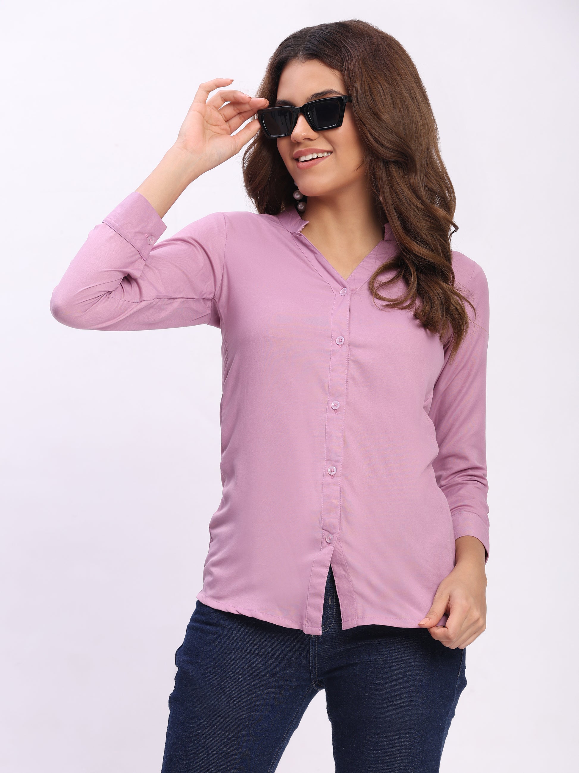 Trendrush Women Solid Pink Mandarin Collar Shirt with 3/4th Cuffed Sleeves