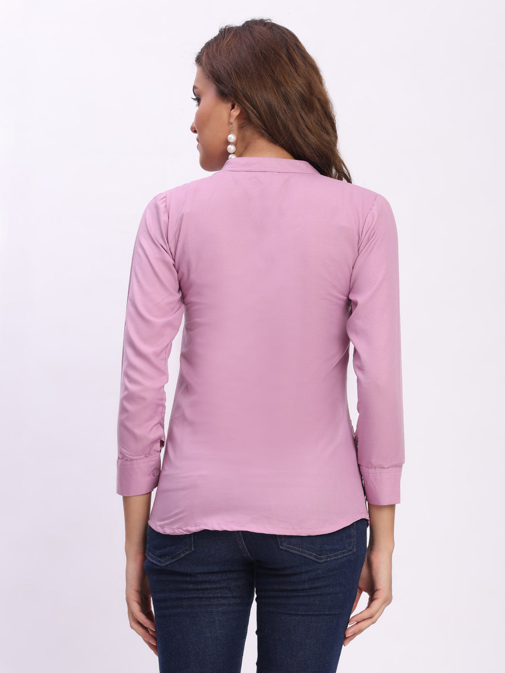 Trendrush Women Solid Pink Mandarin Collar Shirt with 3/4th Cuffed Sleeves