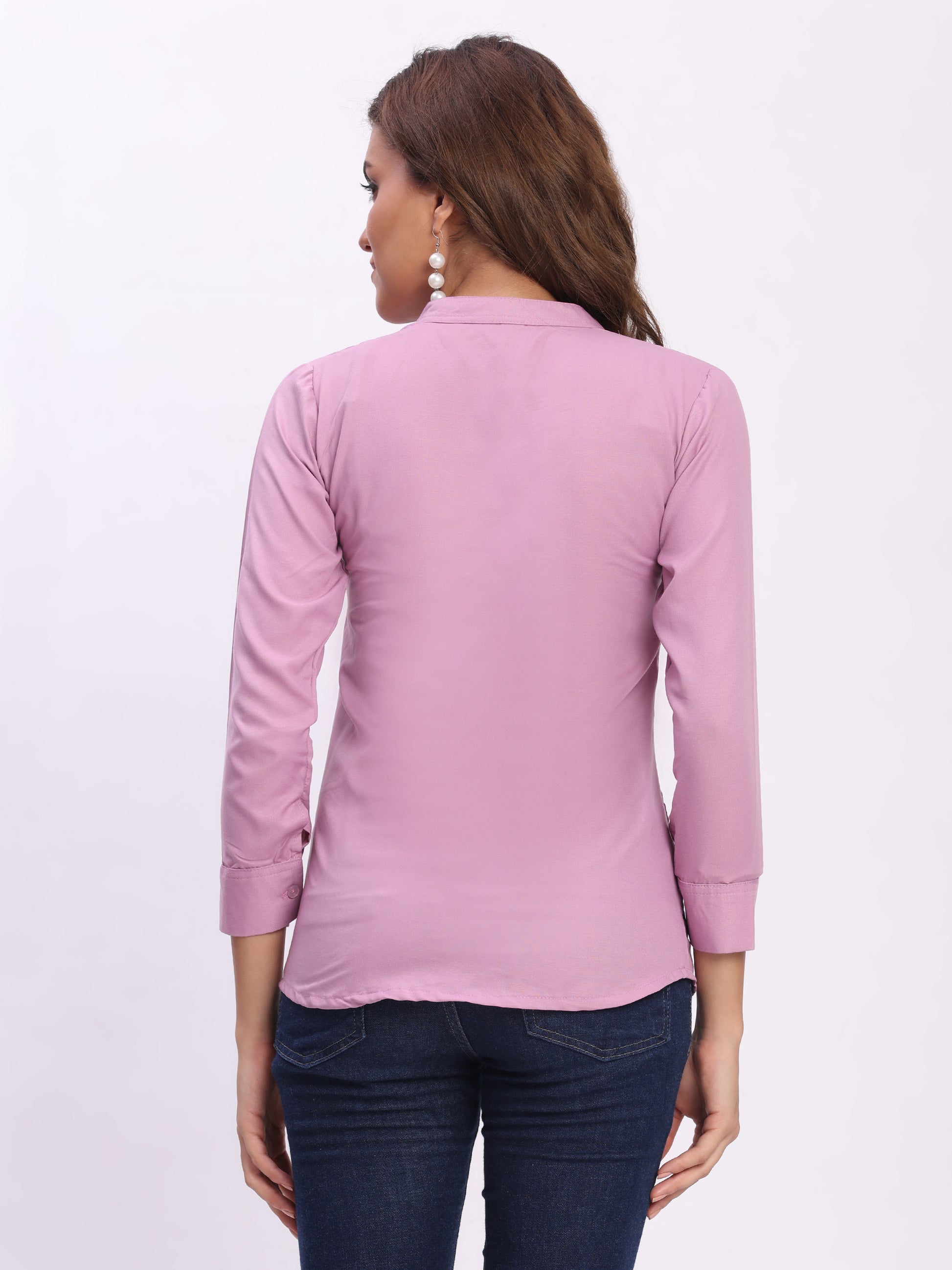 Trendrush Women Solid Pink Mandarin Collar Shirt with 3/4th Cuffed Sleeves