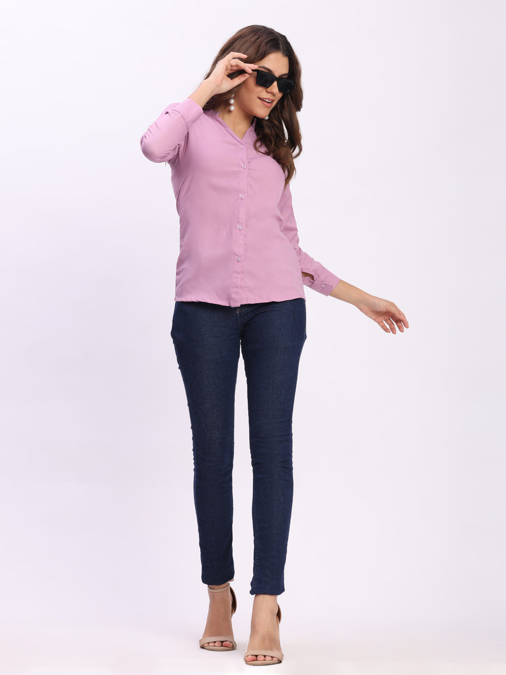 Trendrush Women Solid Pink Mandarin Collar Shirt with 3/4th Cuffed Sleeves