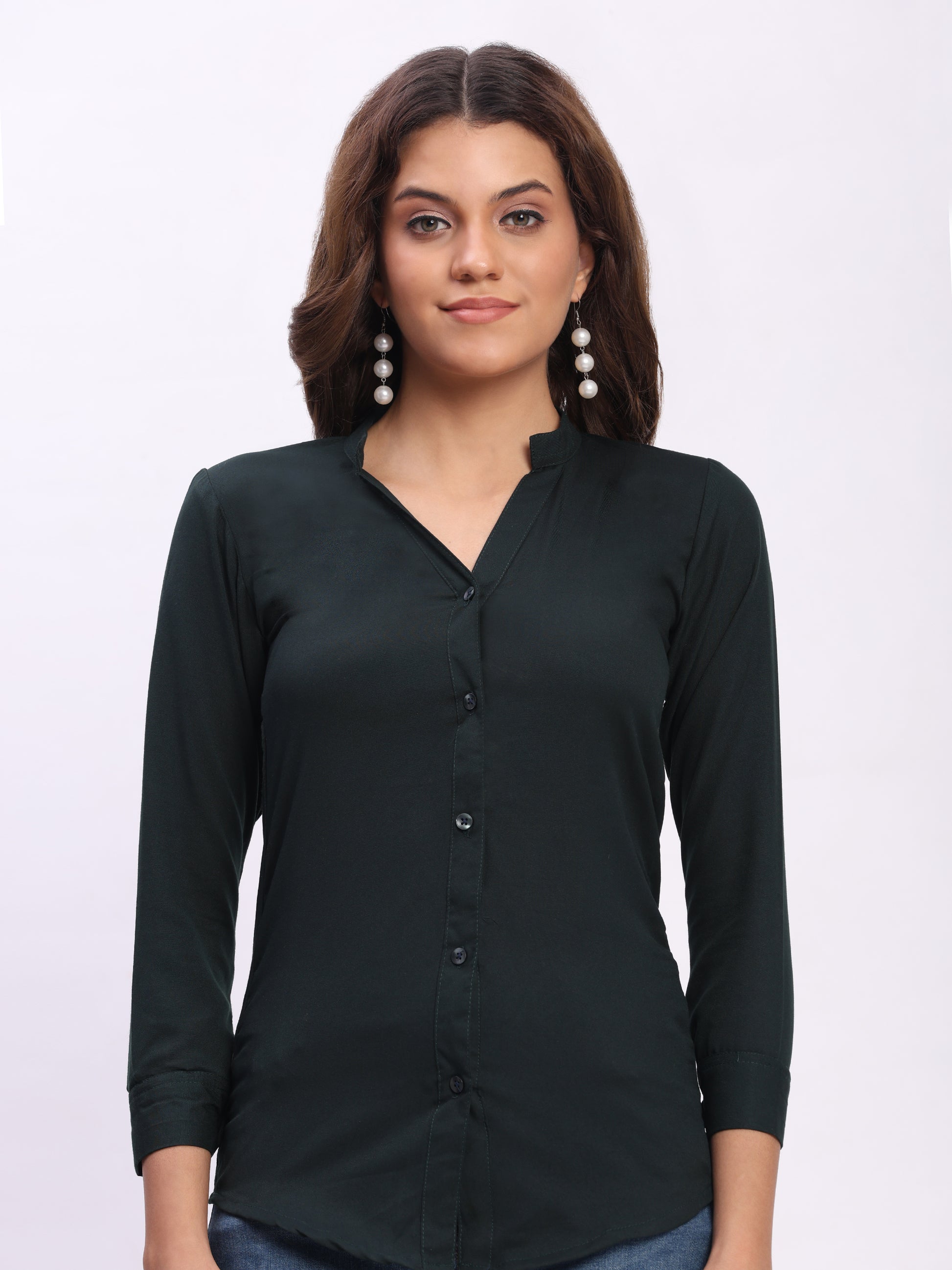 Trendrush Women Solid Dark Green Mandarin Collar Shirt with 3/4th Cuffed Sleeves