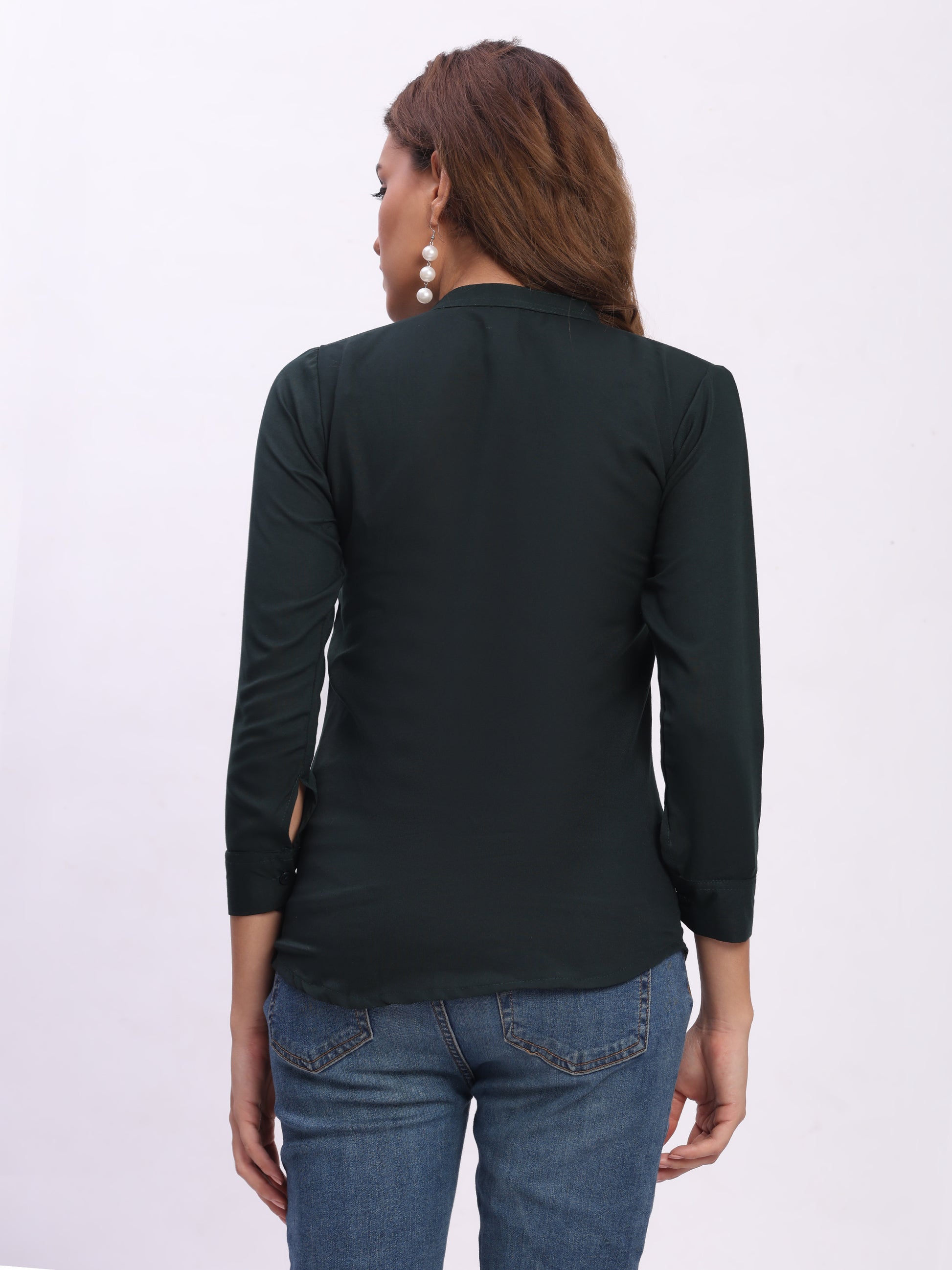 Trendrush Women Solid Dark Green Mandarin Collar Shirt with 3/4th Cuffed Sleeves