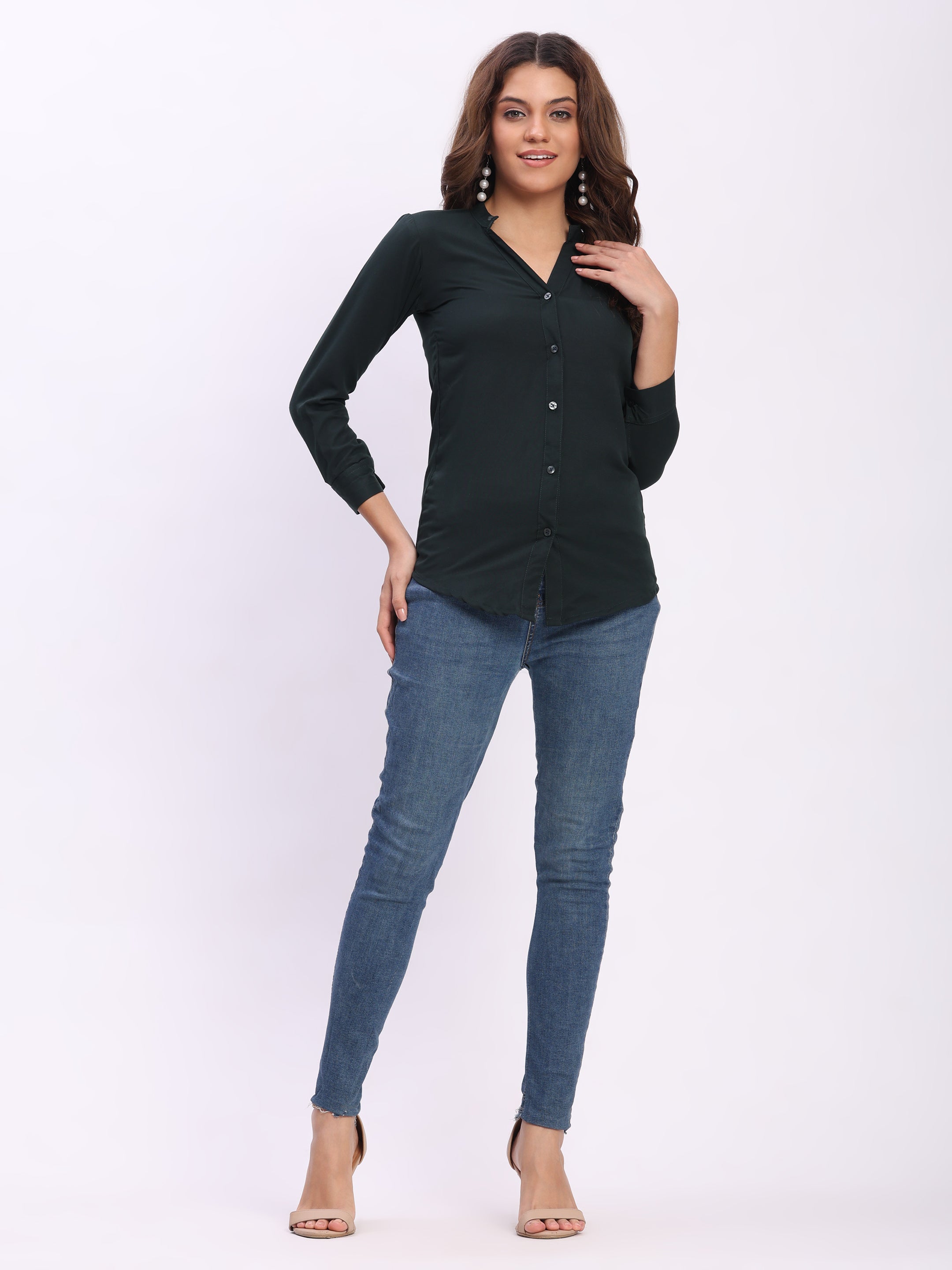 Trendrush Women Solid Dark Green Mandarin Collar Shirt with 3/4th Cuffed Sleeves