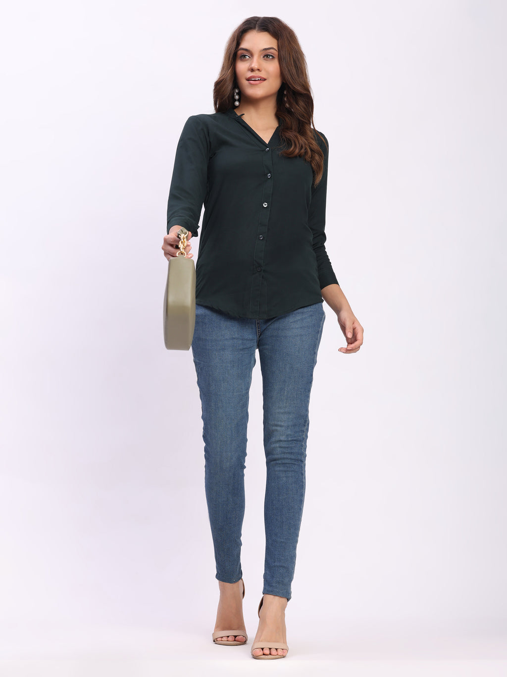 Trendrush Women Solid Dark Green Mandarin Collar Shirt with 3/4th Cuffed Sleeves